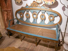 1850s Neoclassical Bench in Carved Gilded and Blue Wood with a Mesh Seat