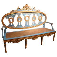 1850s Neoclassical Bench in Carved Gilded and Blue Wood with a Mesh Seat