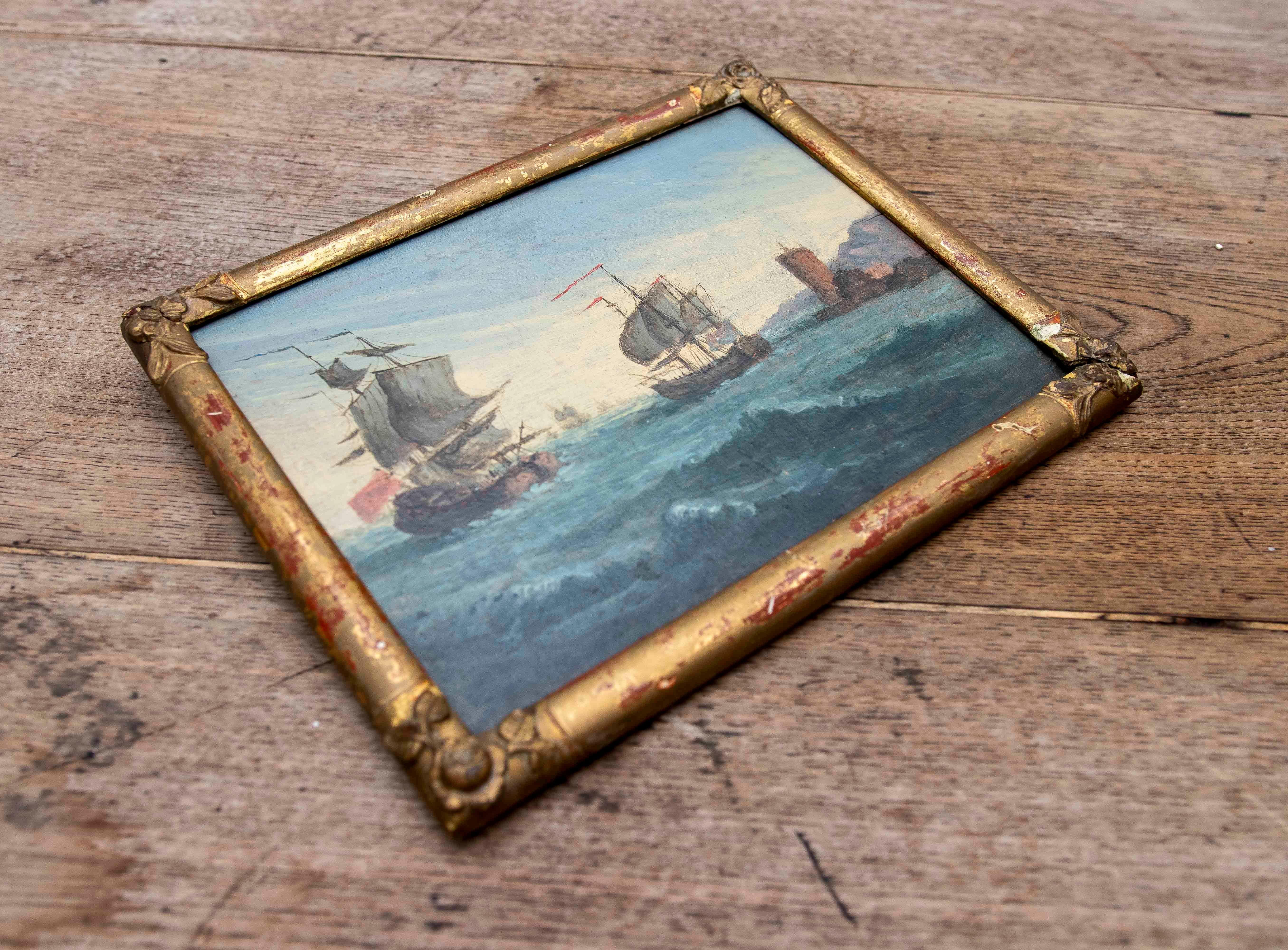 Década de 1850 Pintado sobre tabla Batalla naval , Firmado y enmarcado. Inglaterra. en venta 8