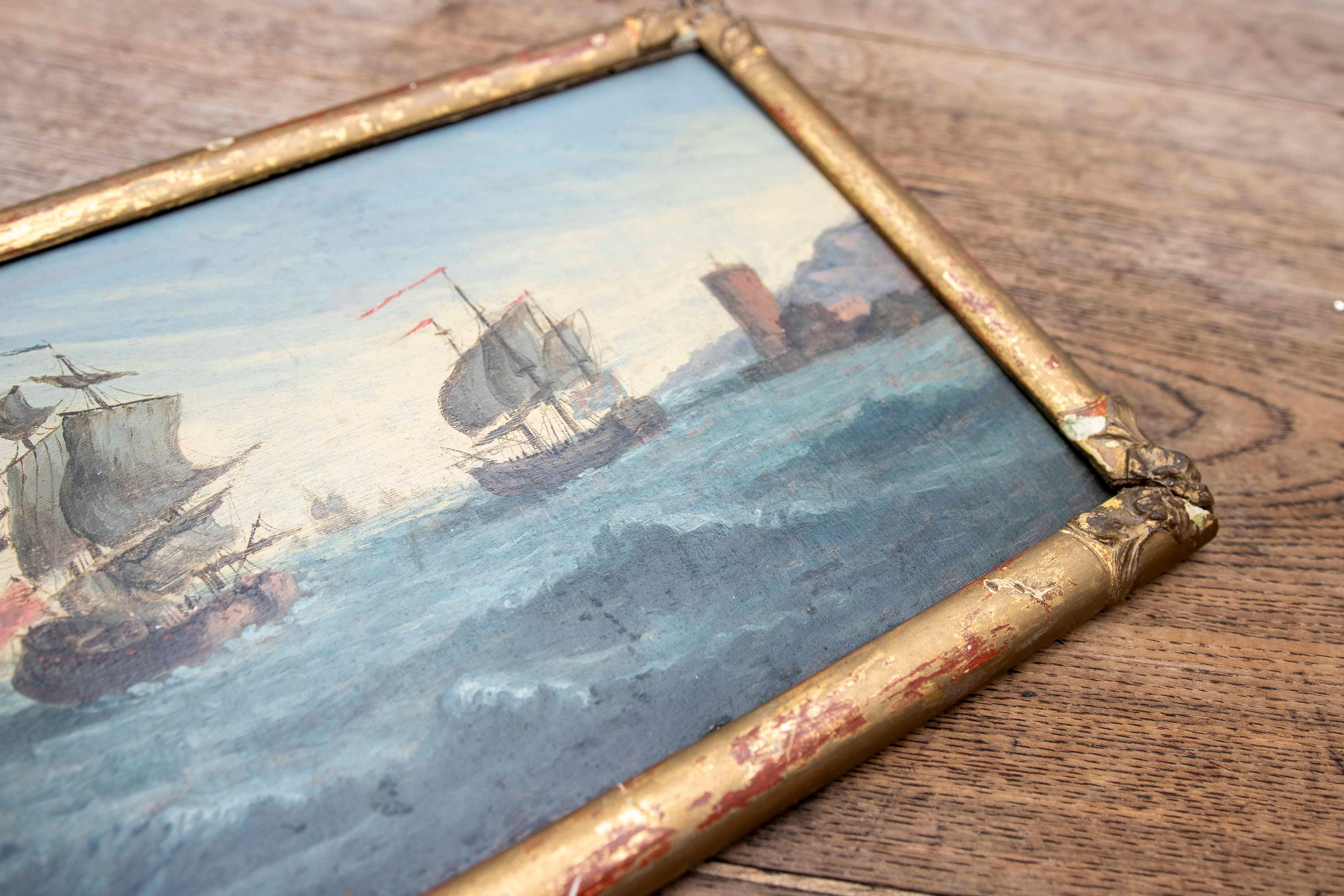 Década de 1850 Pintado sobre tabla Batalla naval , Firmado y enmarcado. Inglaterra. en venta 9