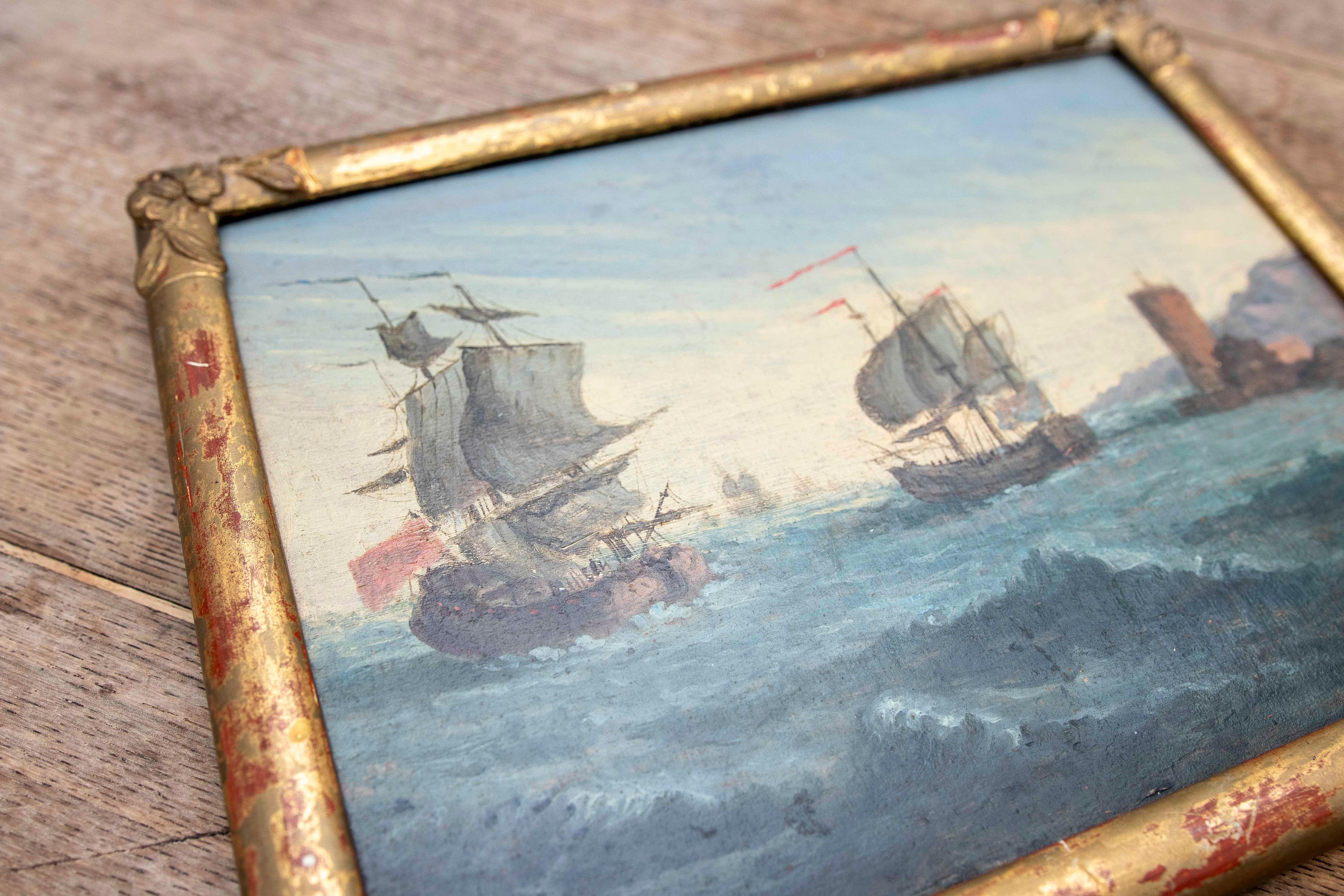 Década de 1850 Pintado sobre tabla Batalla naval , Firmado y enmarcado. Inglaterra. en venta 10
