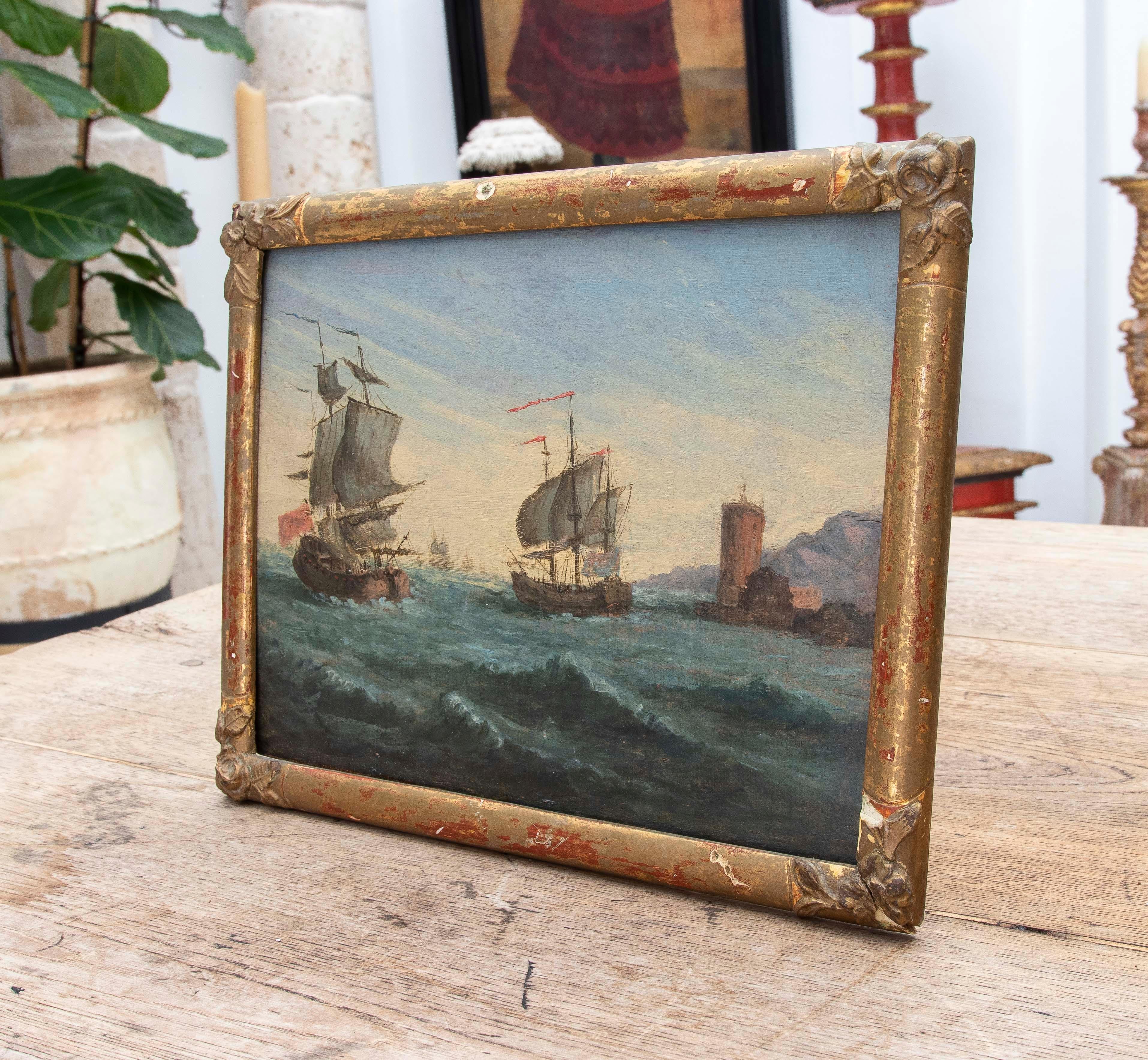 Década de 1850 Pintado sobre tabla Batalla naval , Firmado y enmarcado. Inglaterra. Inglés en venta