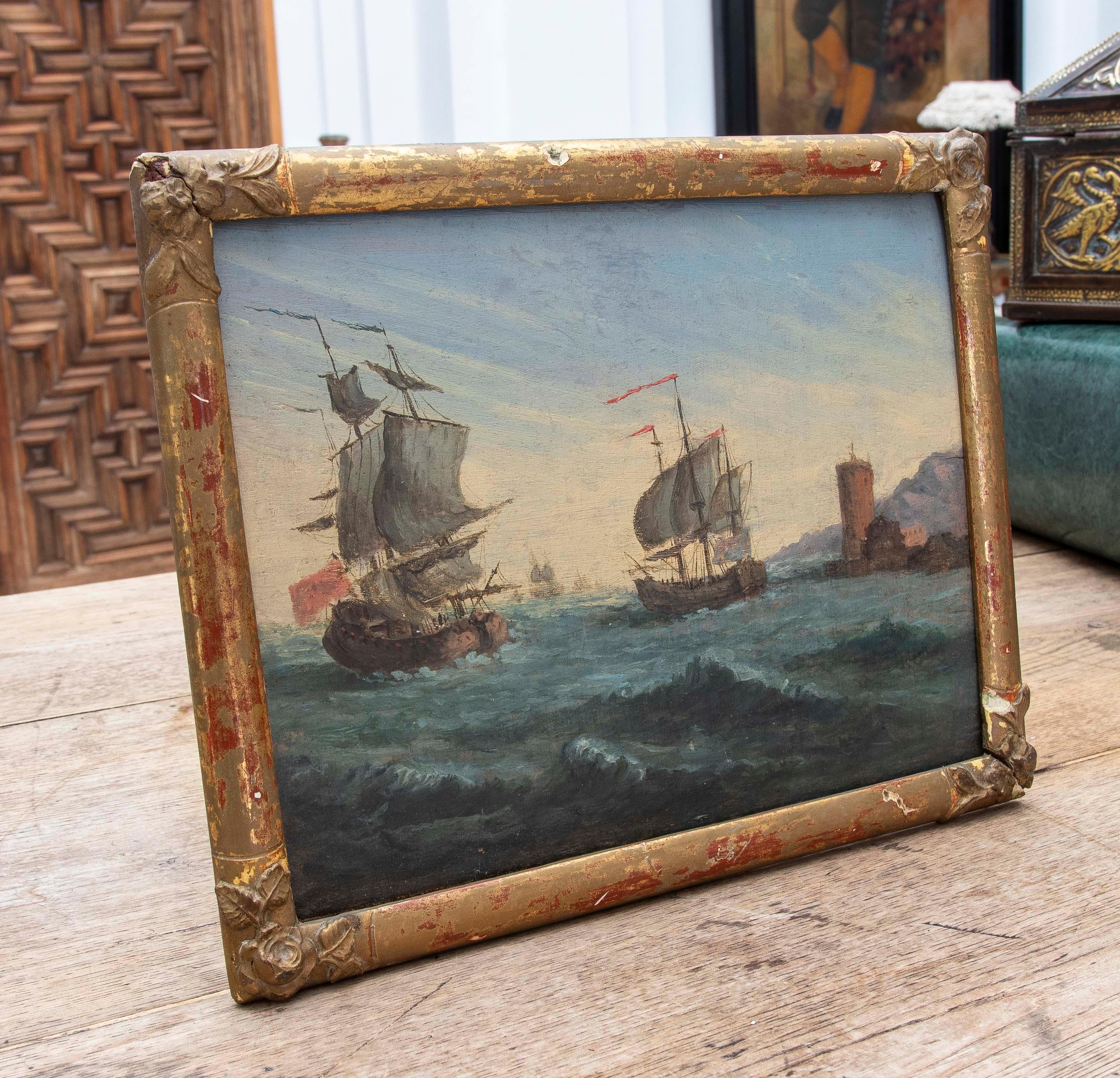 Década de 1850 Pintado sobre tabla Batalla naval , Firmado y enmarcado. Inglaterra. en Bueno estado para la venta en Marbella, ES