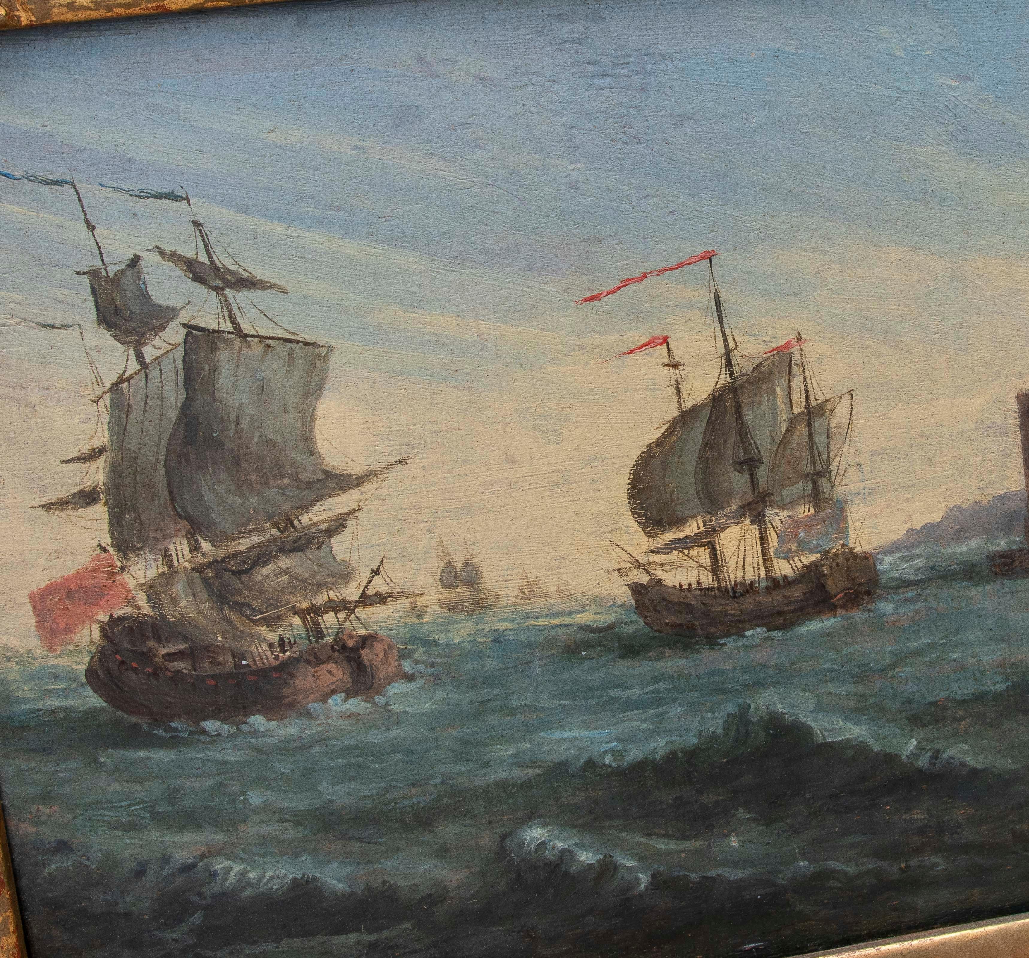 Década de 1850 Pintado sobre tabla Batalla naval , Firmado y enmarcado. Inglaterra. Oro en venta