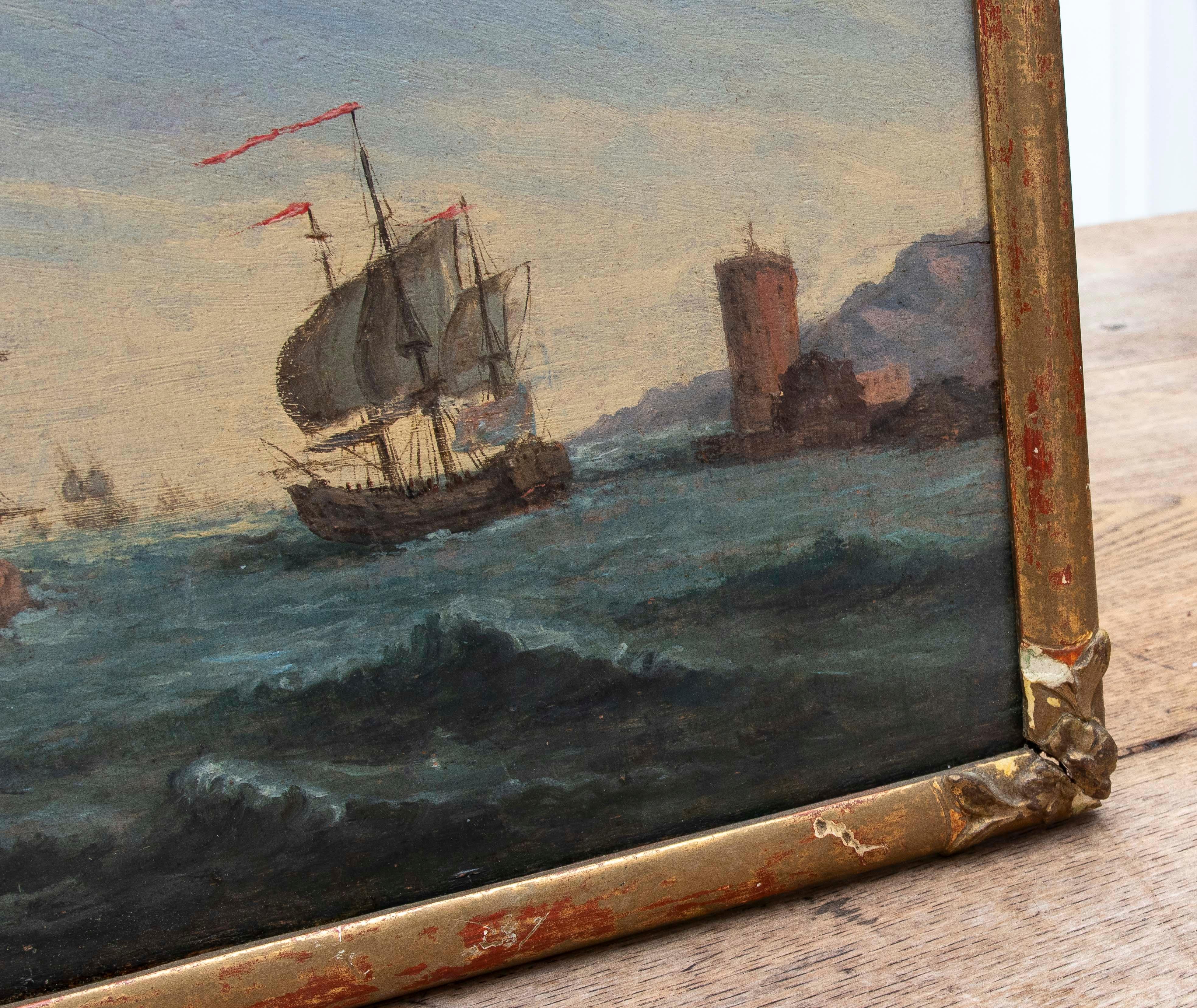 Década de 1850 Pintado sobre tabla Batalla naval , Firmado y enmarcado. Inglaterra. en venta 1