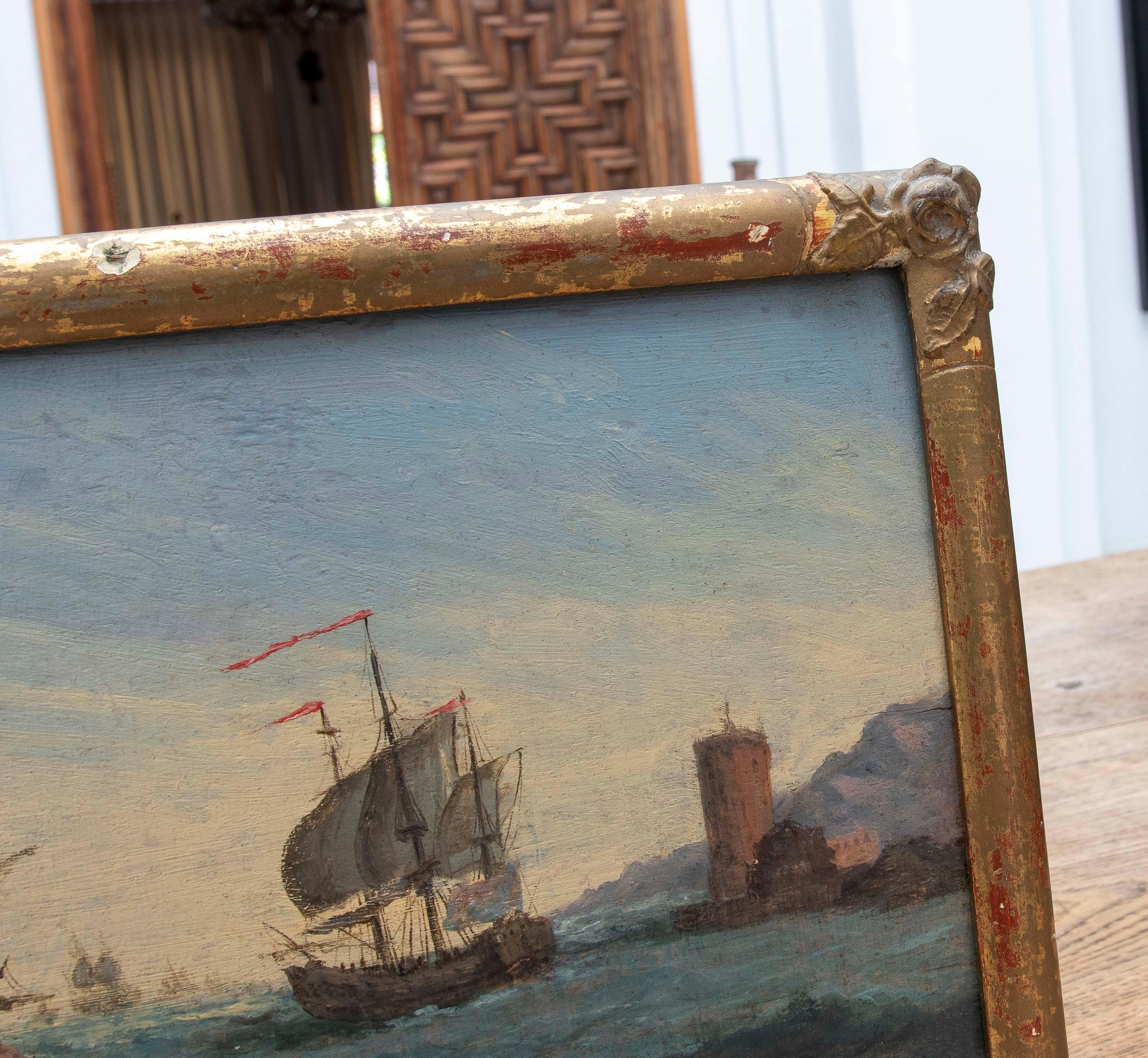 Década de 1850 Pintado sobre tabla Batalla naval , Firmado y enmarcado. Inglaterra. en venta 2
