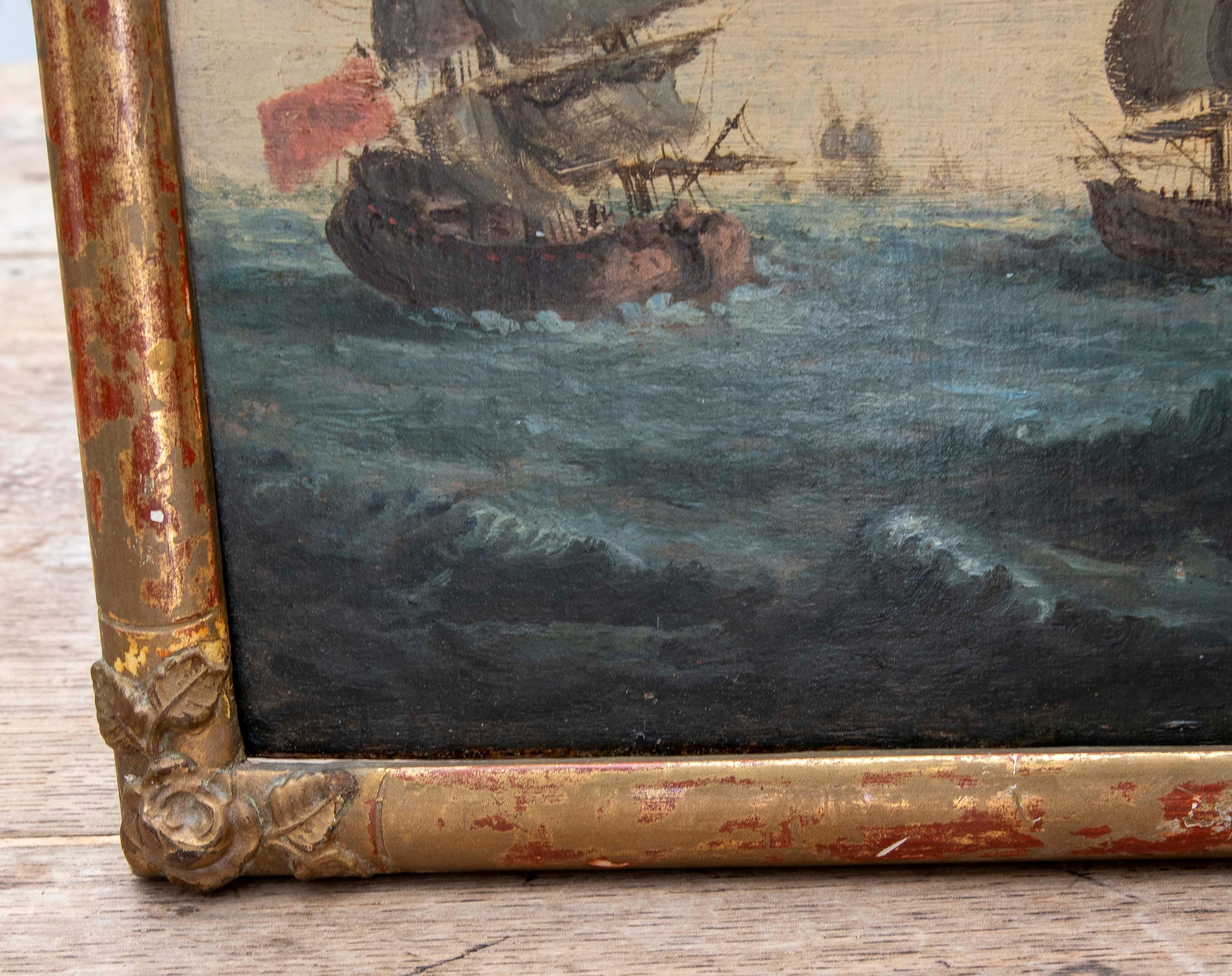 Década de 1850 Pintado sobre tabla Batalla naval , Firmado y enmarcado. Inglaterra. en venta 3