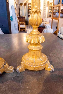 1850s Pair of Antique Italian Carved and Gilded Wood Candlesticks