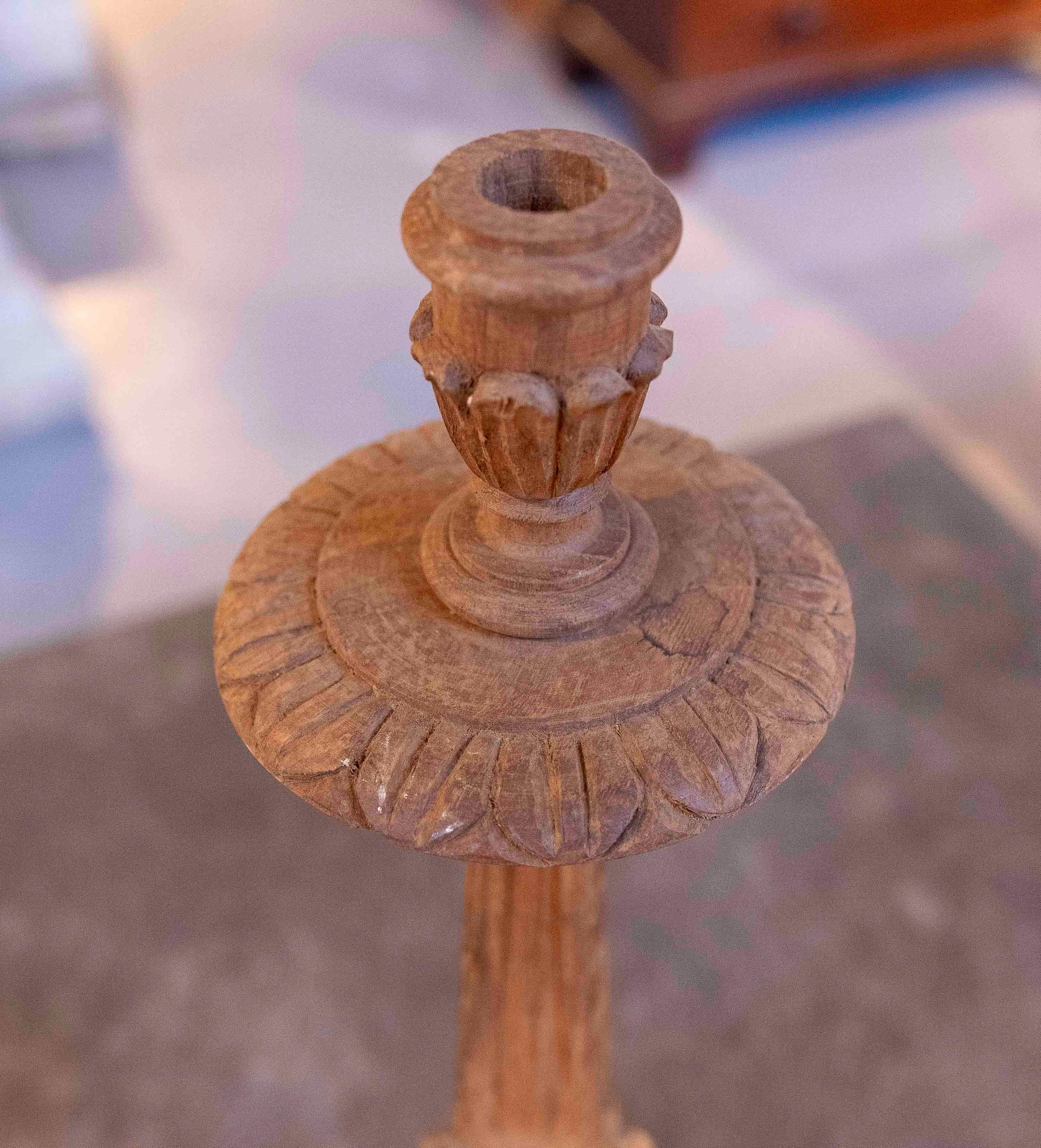 1850s Pair of Baroque Candlesticks in Carved Wood with Tripod Base For Sale 1
