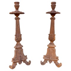 1850s Pair of Baroque Candlesticks in Carved Wood with Tripod Base