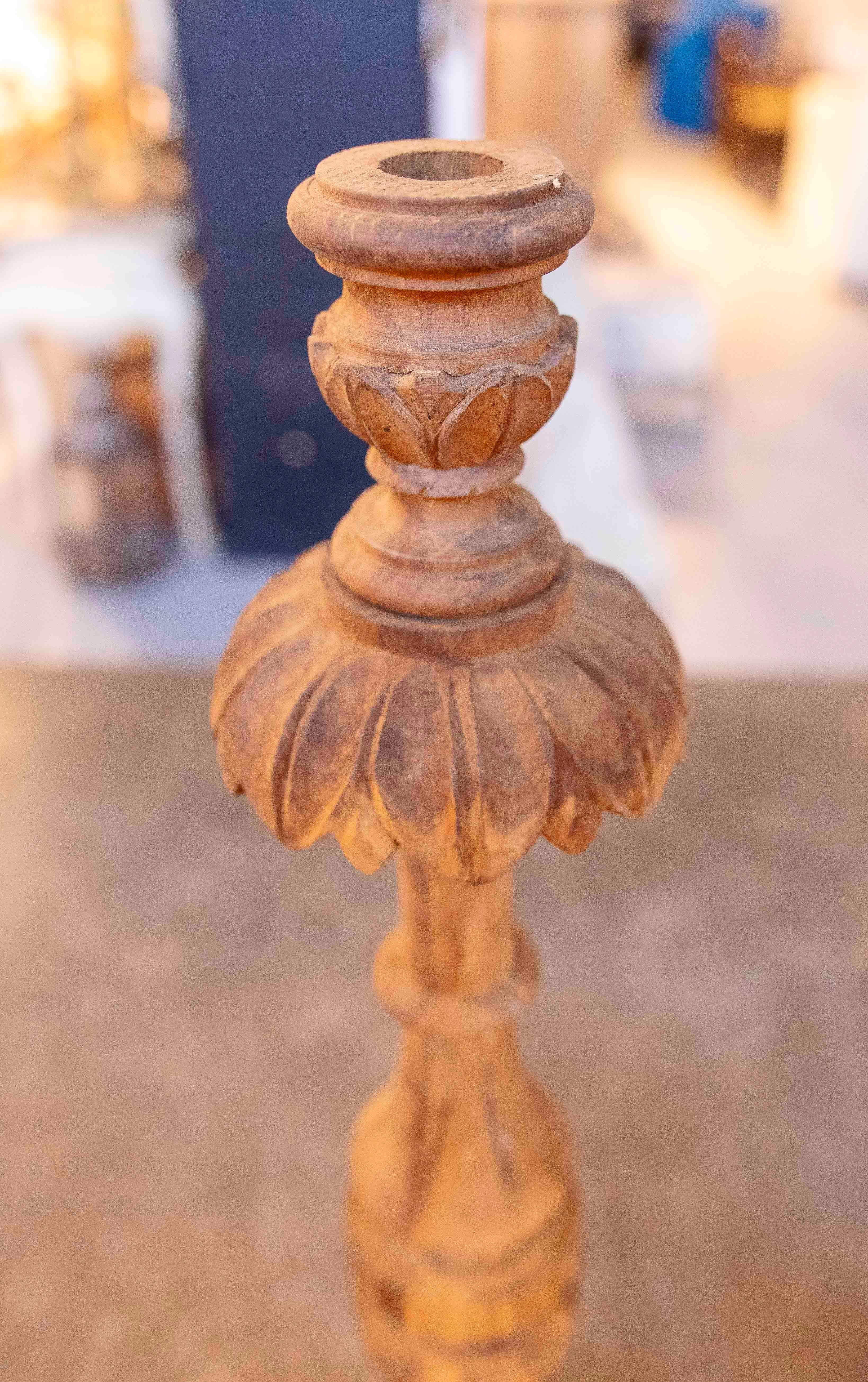 1850s Pair of Candlesticks Carved in Natural Wood For Sale 4