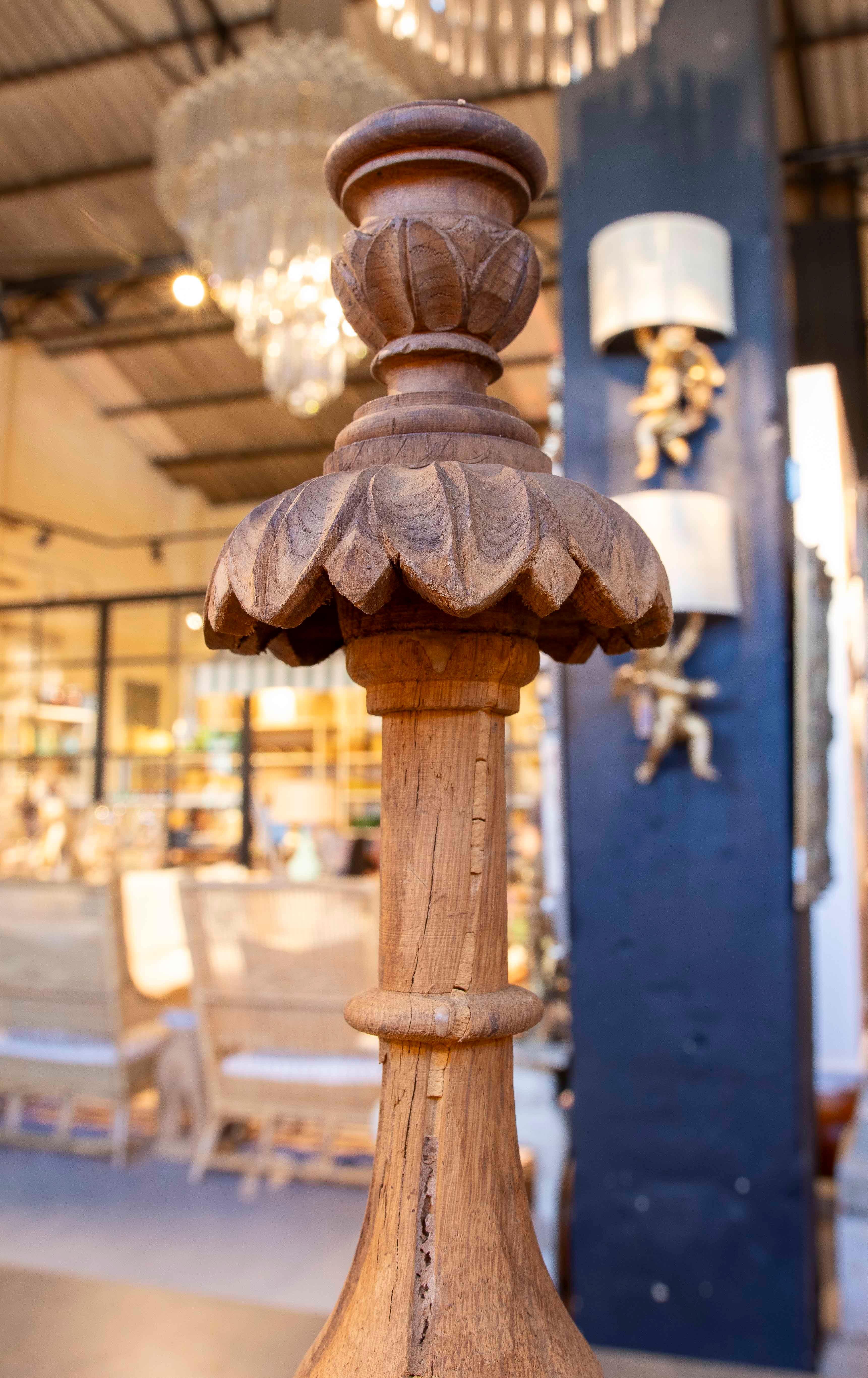 Hand-Carved 1850s Pair of Candlesticks Carved in Natural Wood For Sale