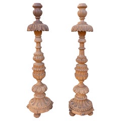 1850s Pair of Carved Wooden Candlesticks with Fluted Bases