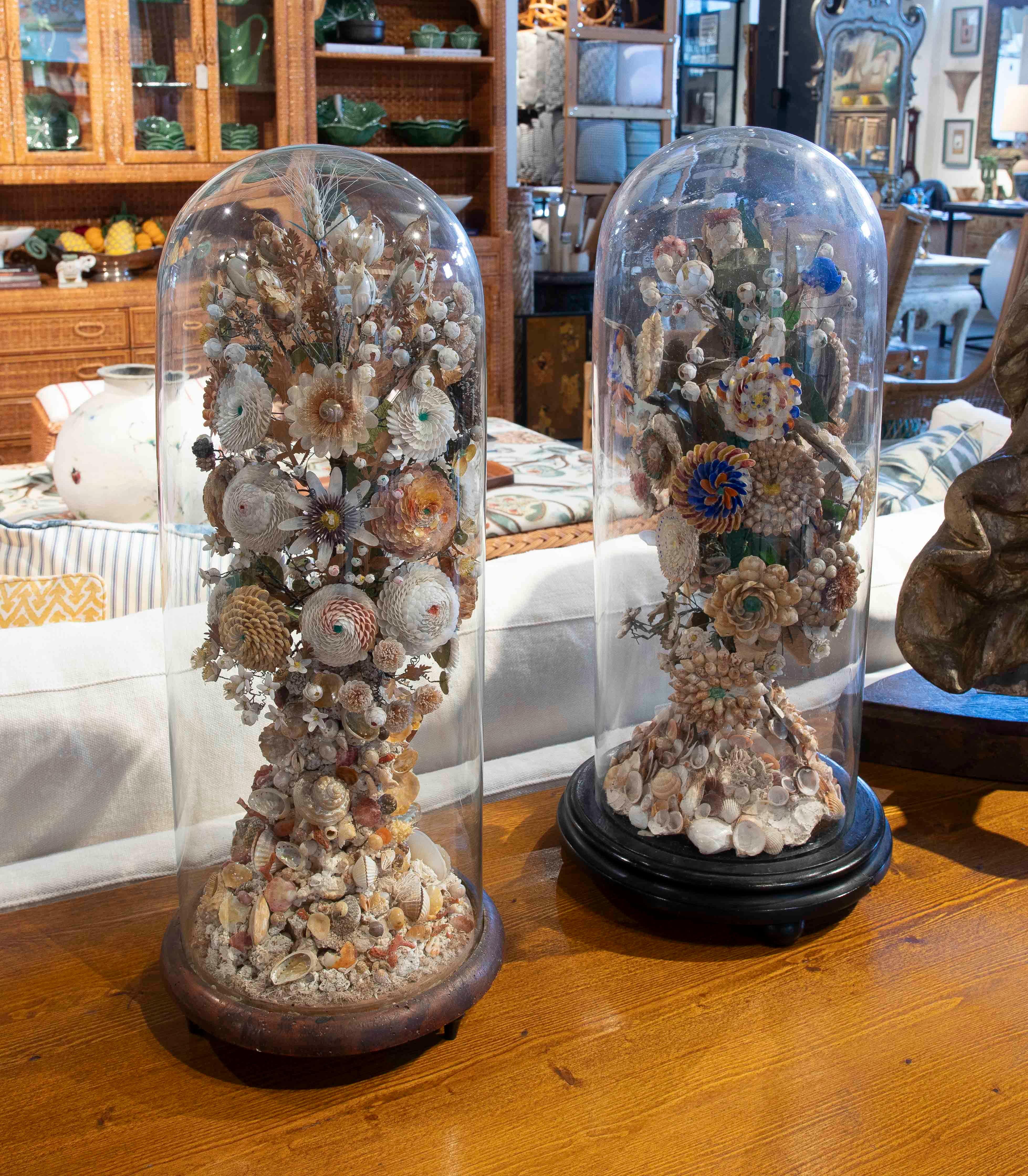 Une paire exquise de dioramas floraux, réalisés à partir d'une composition méticuleuse de coquillages, de conques et de nacre, disposés sous la forme de bouquets floraux tridimensionnels. Ces délicates créations sont protégées par des dômes en verre