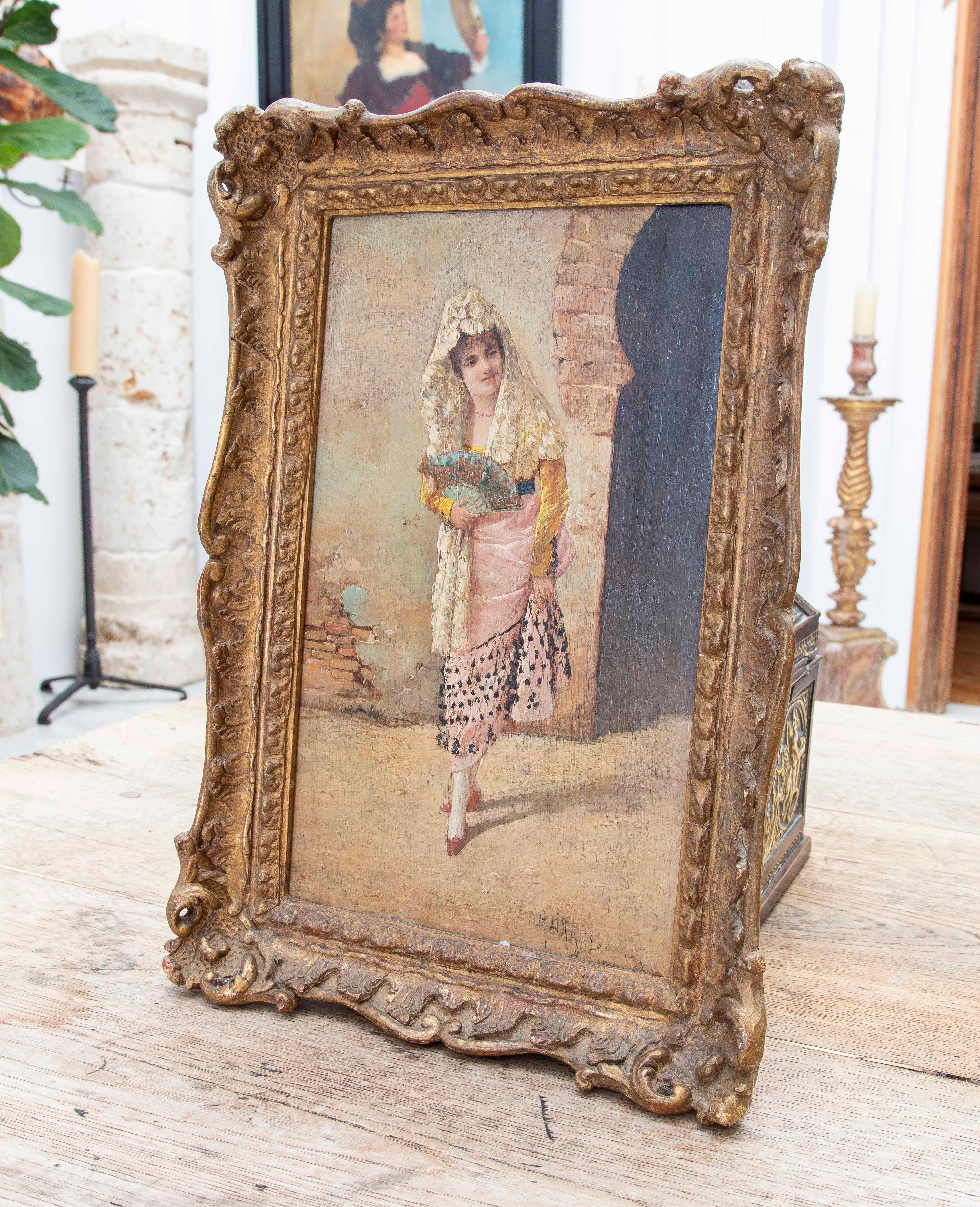 1850s Pair of Framed Andalusian Wood Paintings of a Bullfighter and a Woman For Sale 8