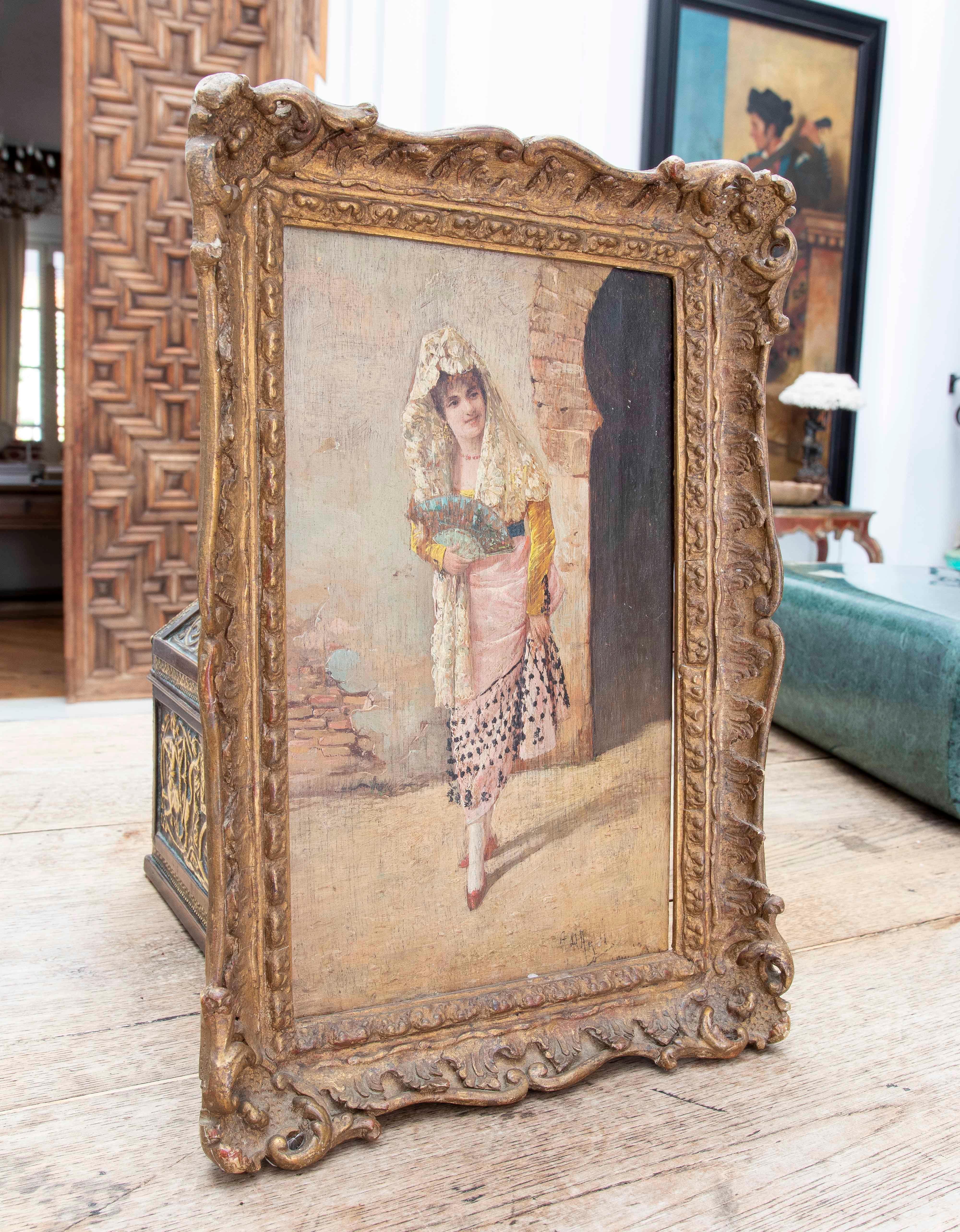 1850s Pair of Framed Andalusian Wood Paintings of a Bullfighter and a Woman For Sale 9