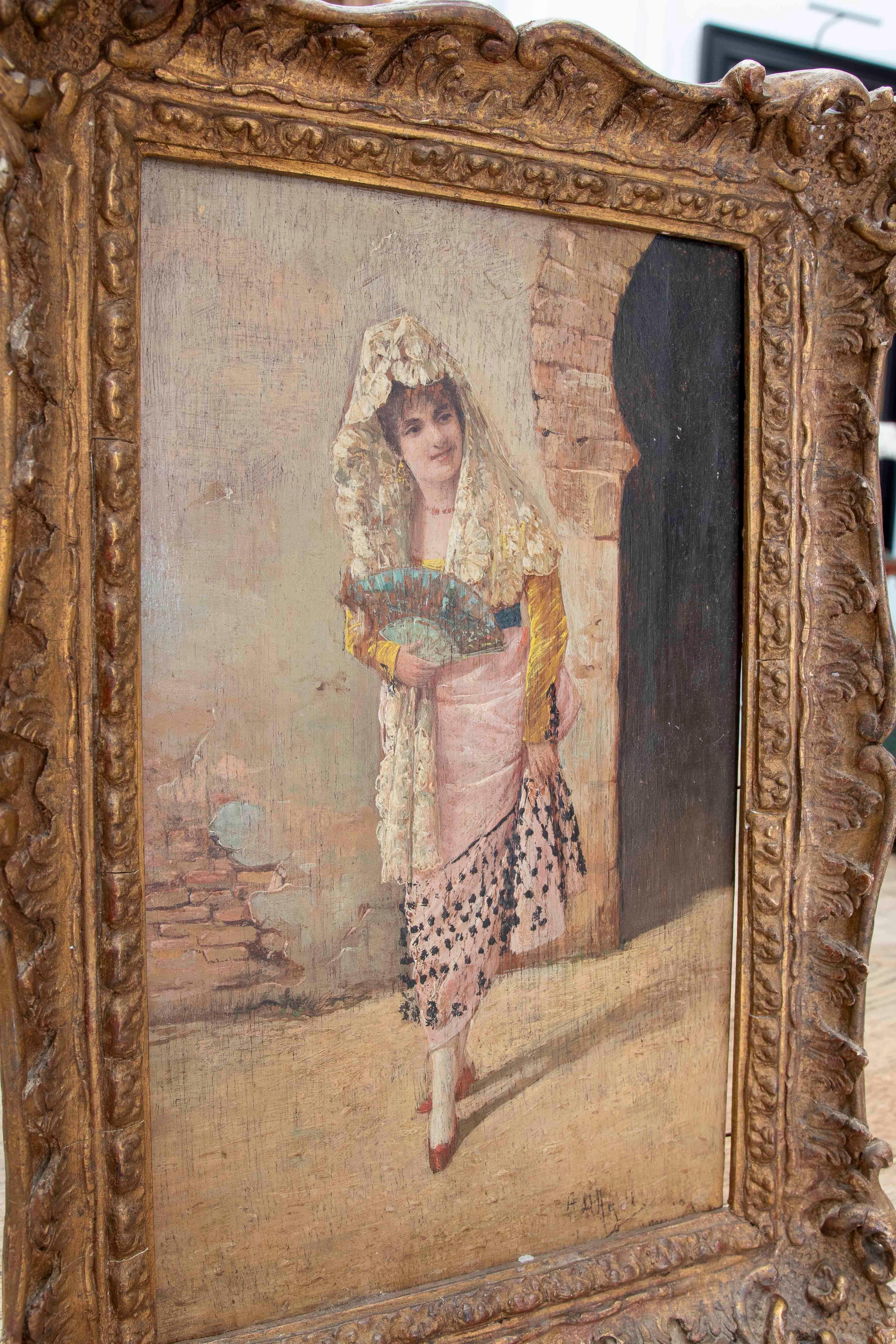 1850s Pair of Framed Andalusian Wood Paintings of a Bullfighter and a Woman For Sale 10