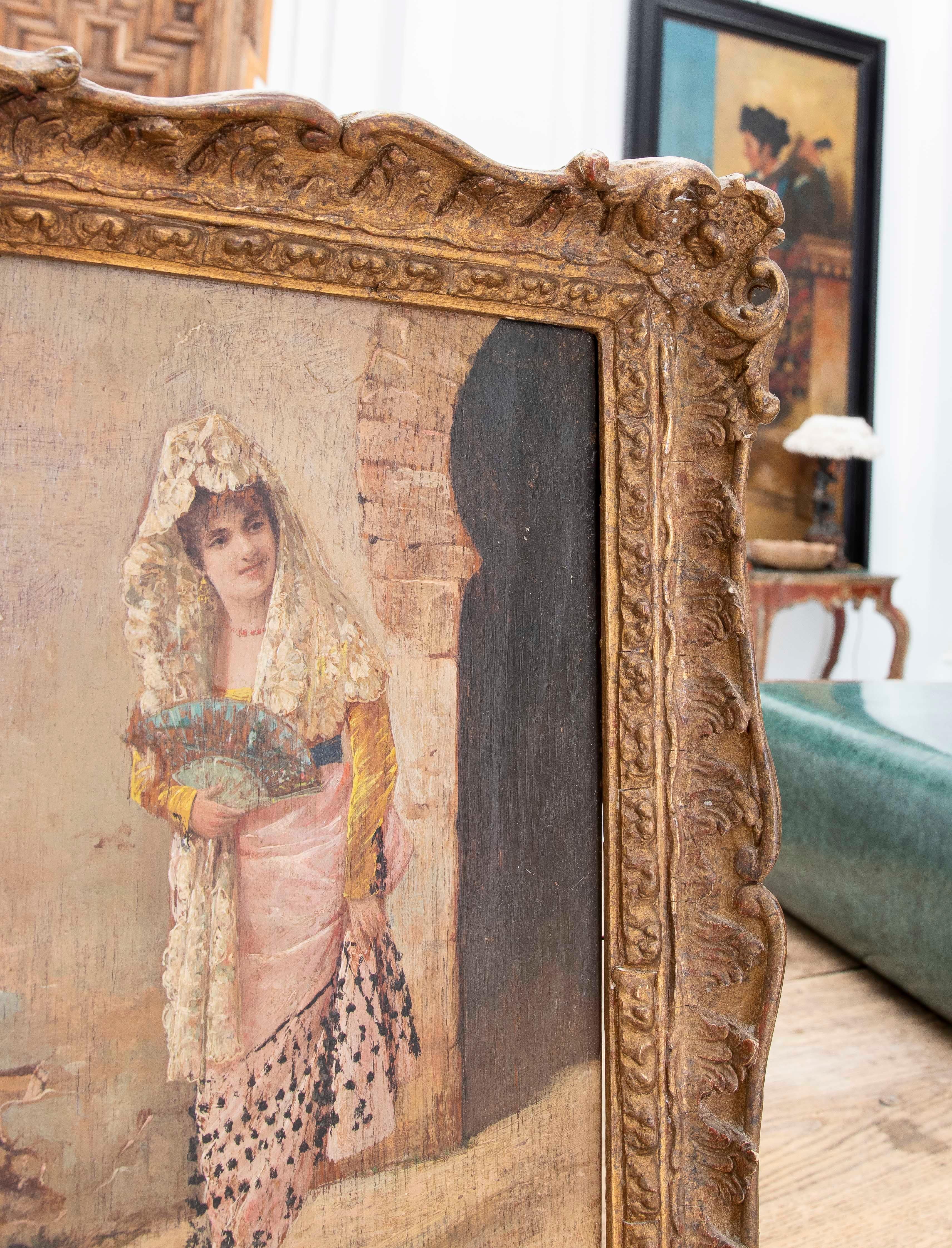1850s Pair of Framed Andalusian Wood Paintings of a Bullfighter and a Woman For Sale 11