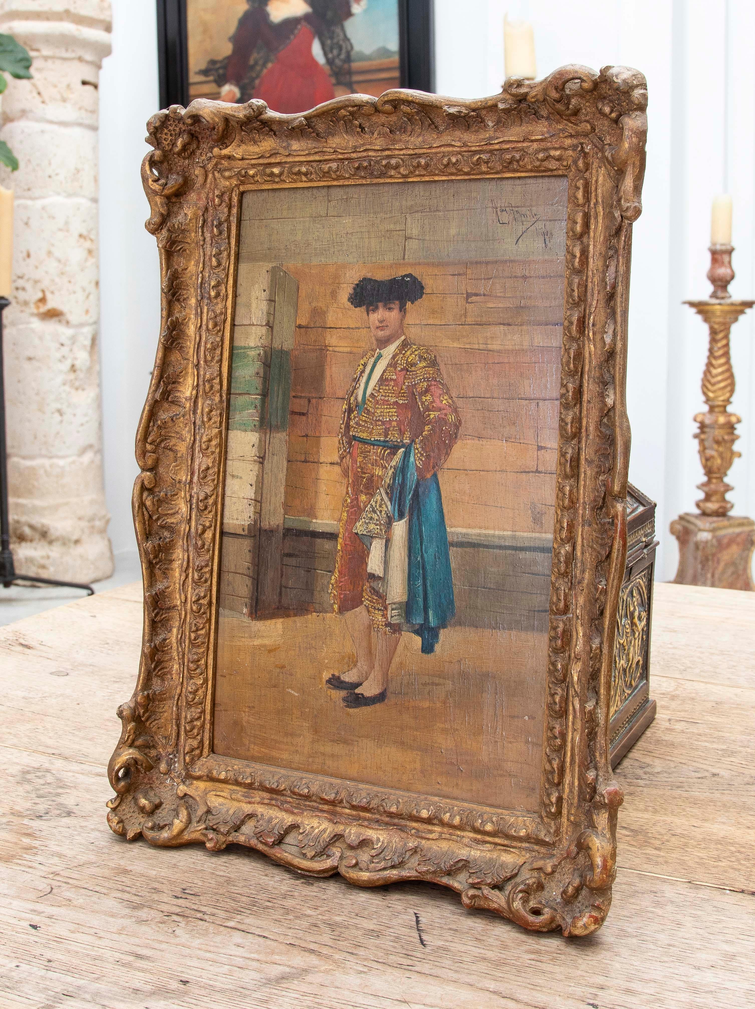 1850s Pair of Framed Andalusian Wood Paintings of a Bullfighter and a Woman 