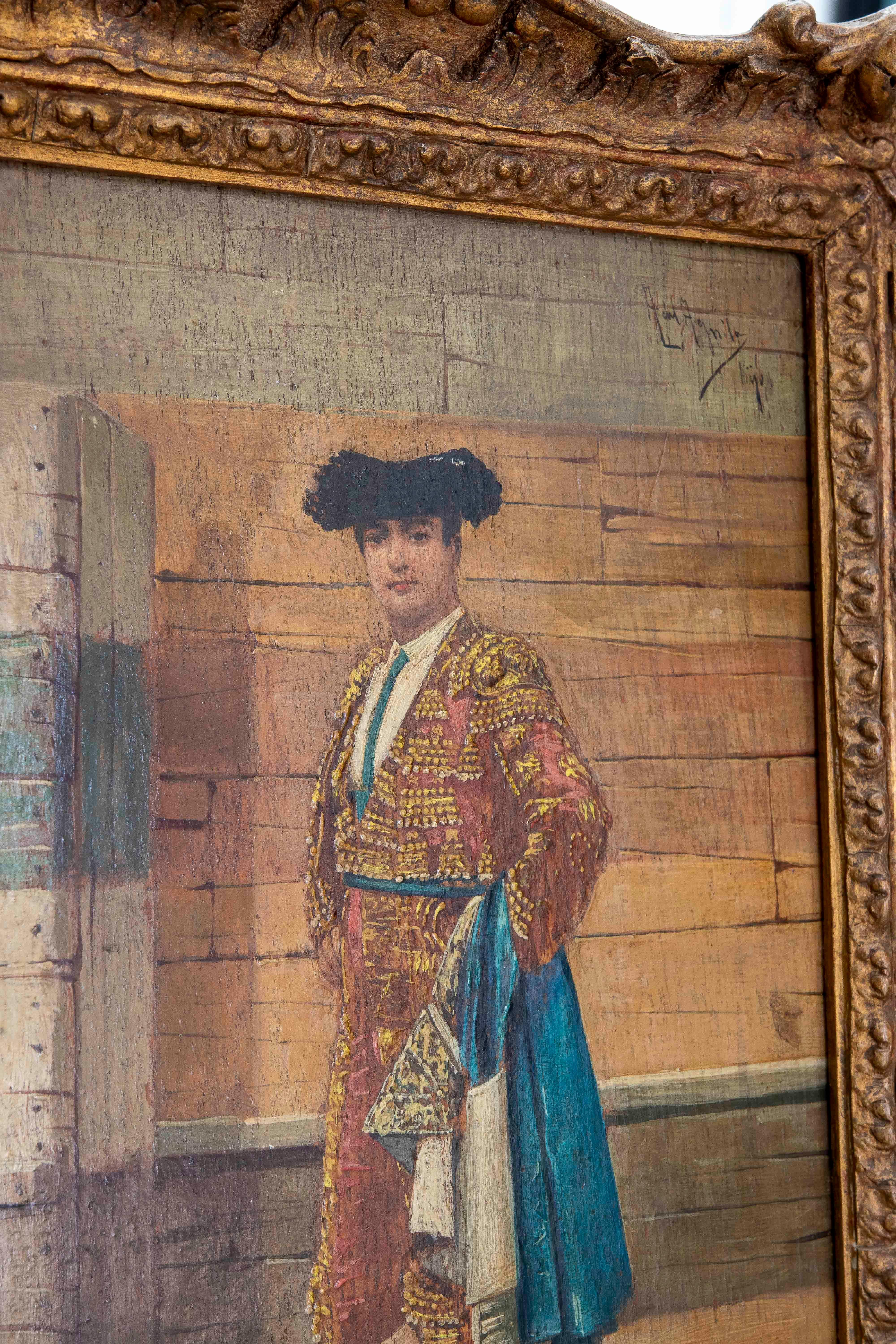 1850s Pair of Framed Andalusian Wood Paintings of a Bullfighter and a Woman In Good Condition For Sale In Marbella, ES