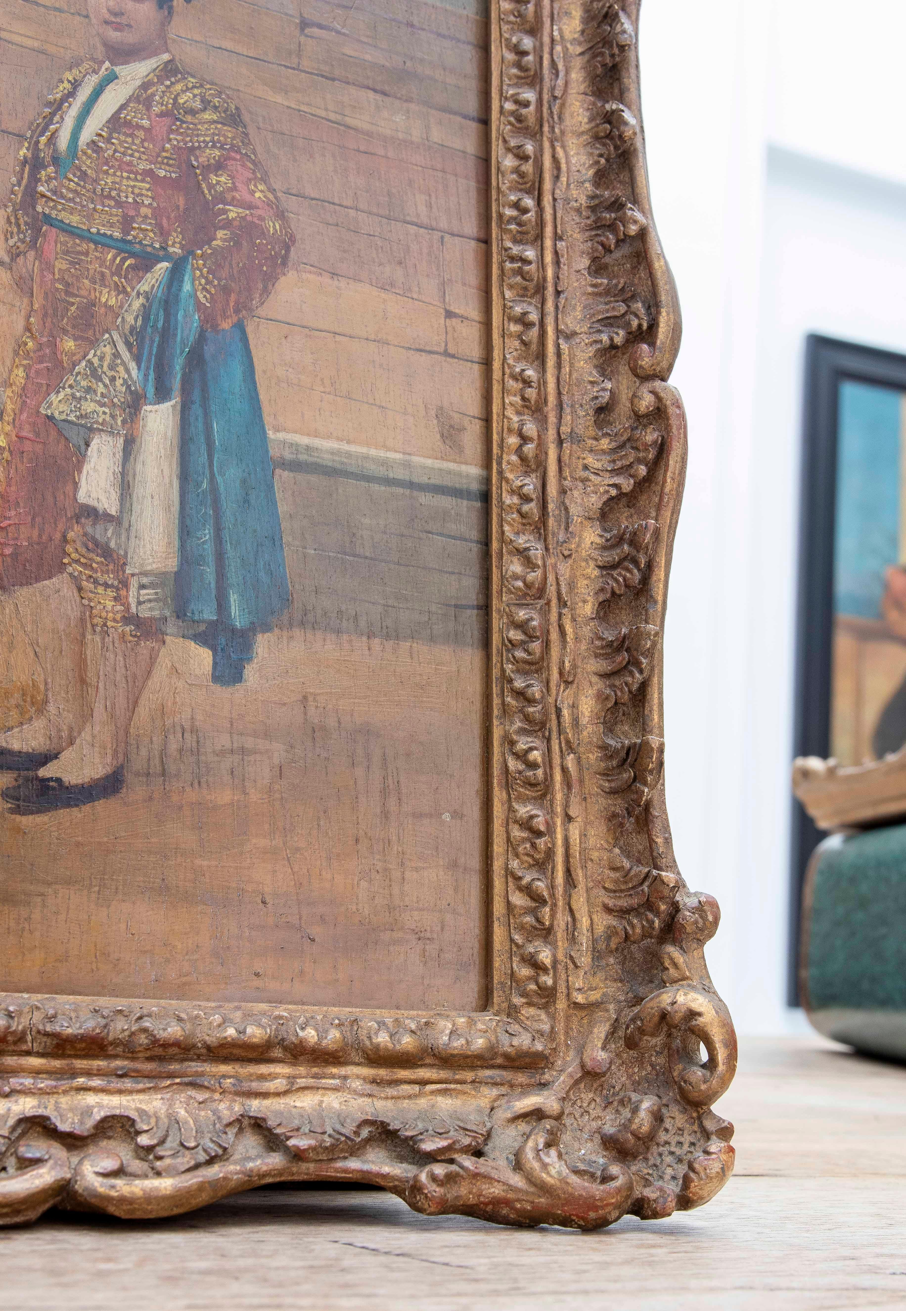 1850s Pair of Framed Andalusian Wood Paintings of a Bullfighter and a Woman For Sale 2
