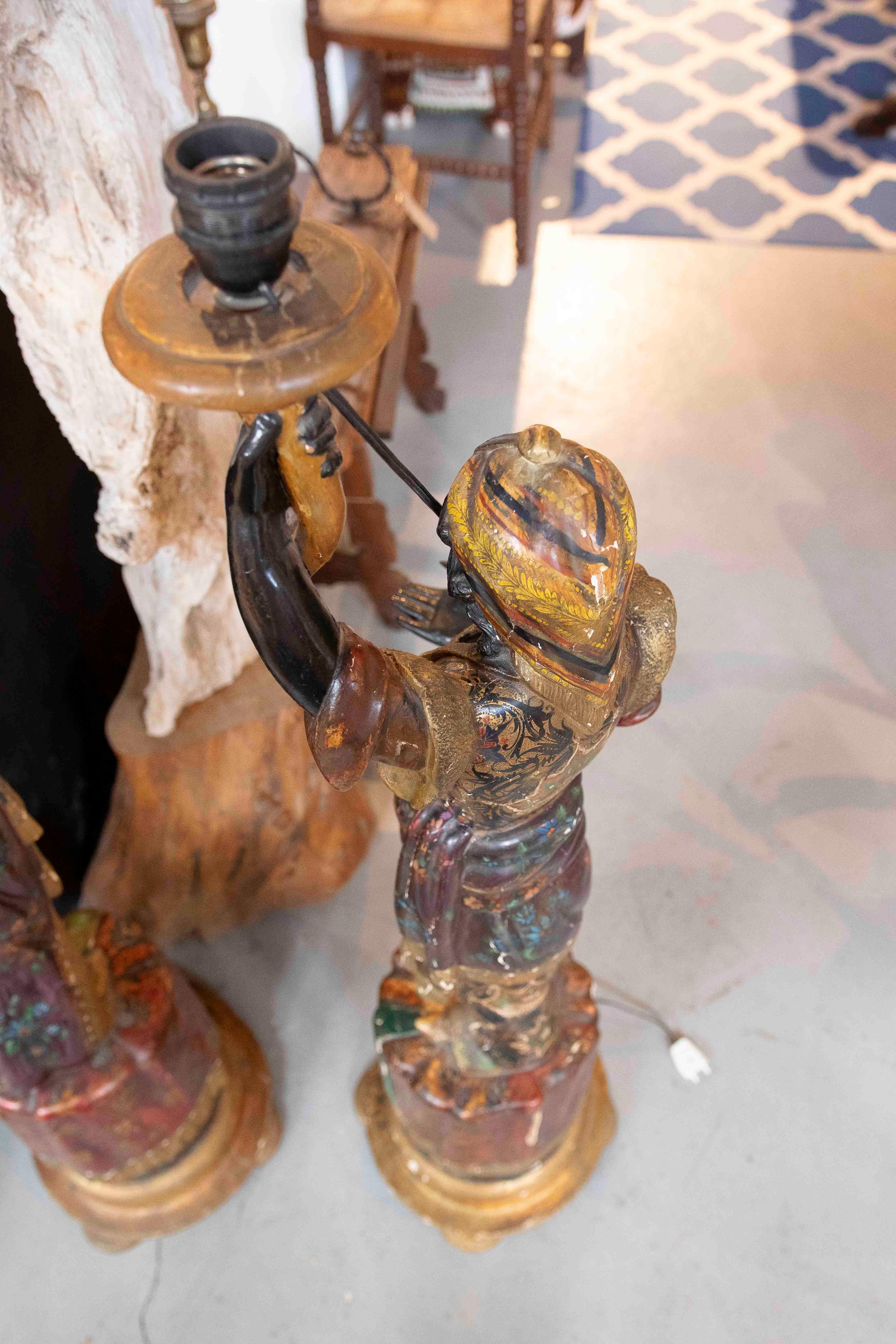 1850s Pair of Polychrome Sculptures Converted Into a Lamp For Sale 5