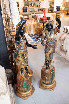 1850s Pair of Polychrome Sculptures Converted Into a Lamp