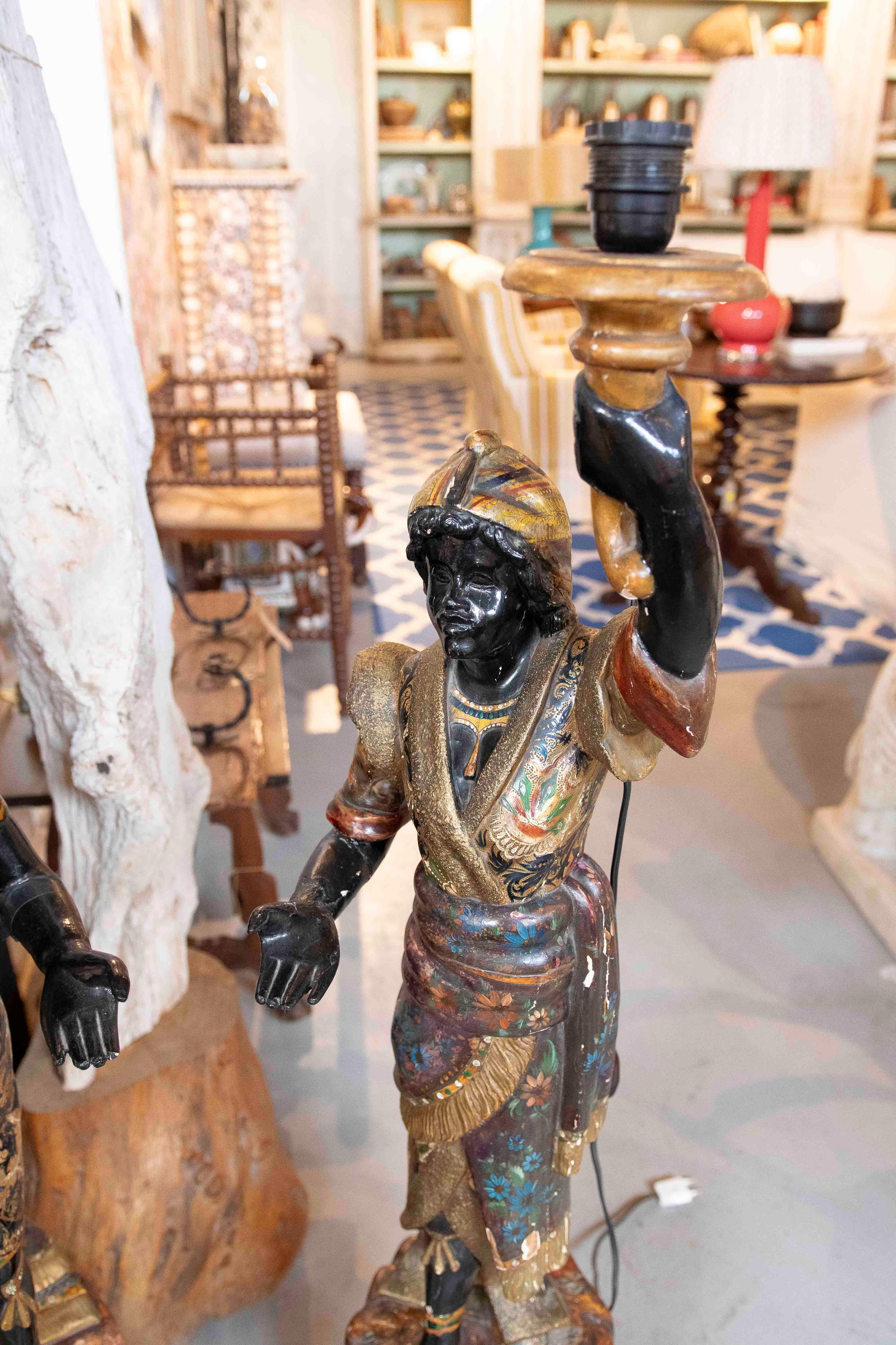 Italian 1850s Pair of Polychrome Sculptures Converted Into a Lamp For Sale