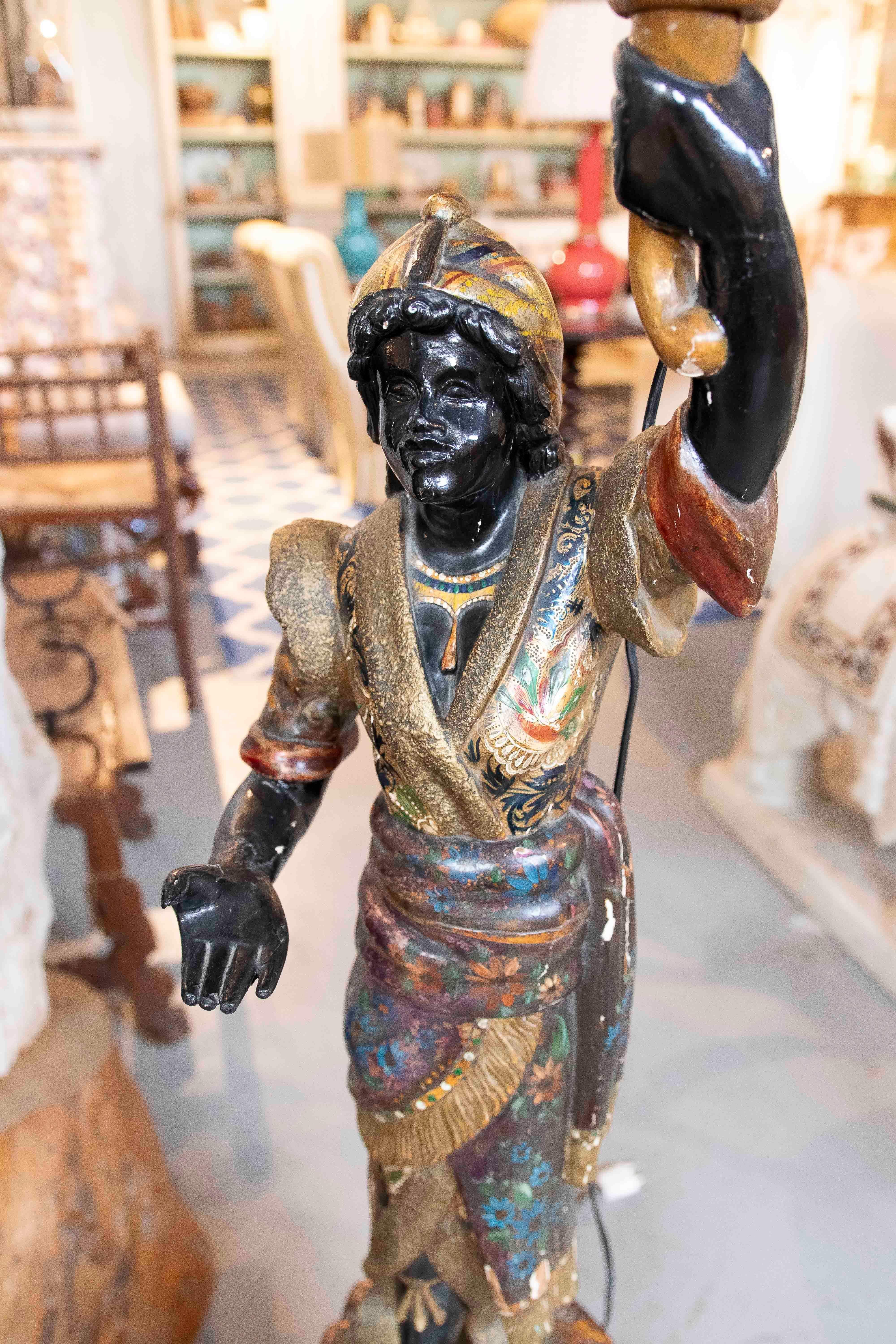 Hand-Carved 1850s Pair of Polychrome Sculptures Converted Into a Lamp For Sale