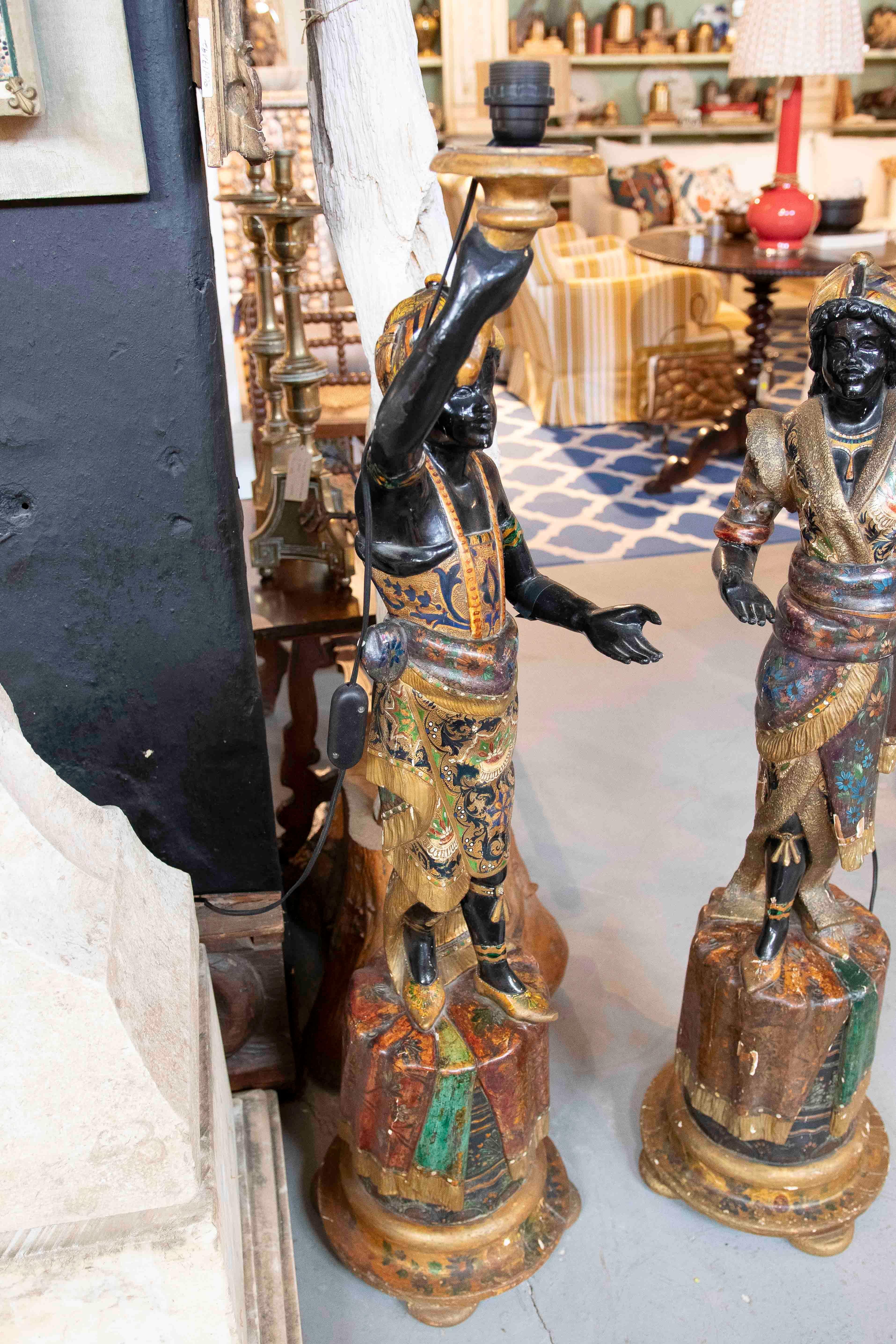1850s Pair of Polychrome Sculptures Converted Into a Lamp In Good Condition For Sale In Marbella, ES