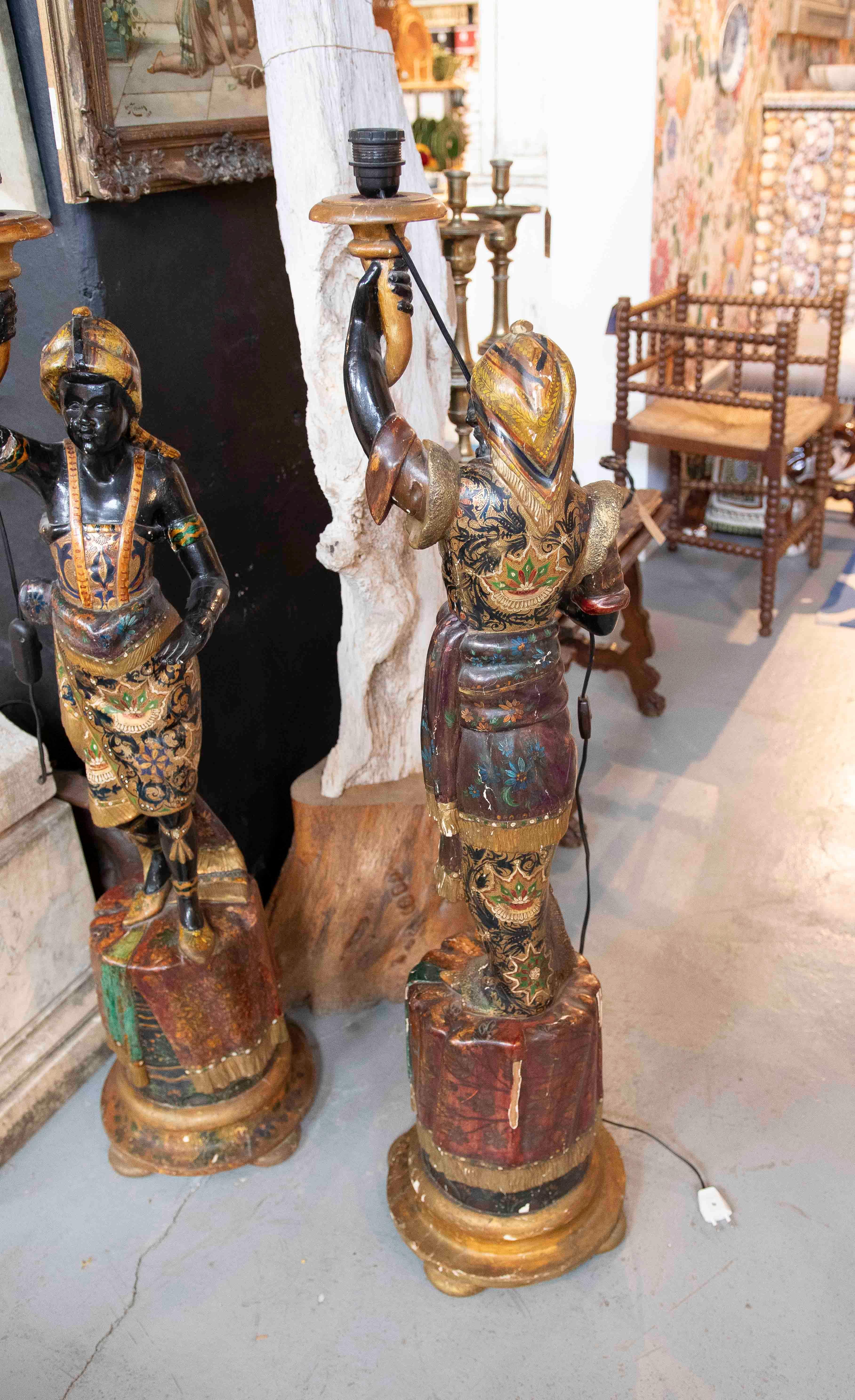 Mid-19th Century 1850s Pair of Polychrome Sculptures Converted Into a Lamp For Sale