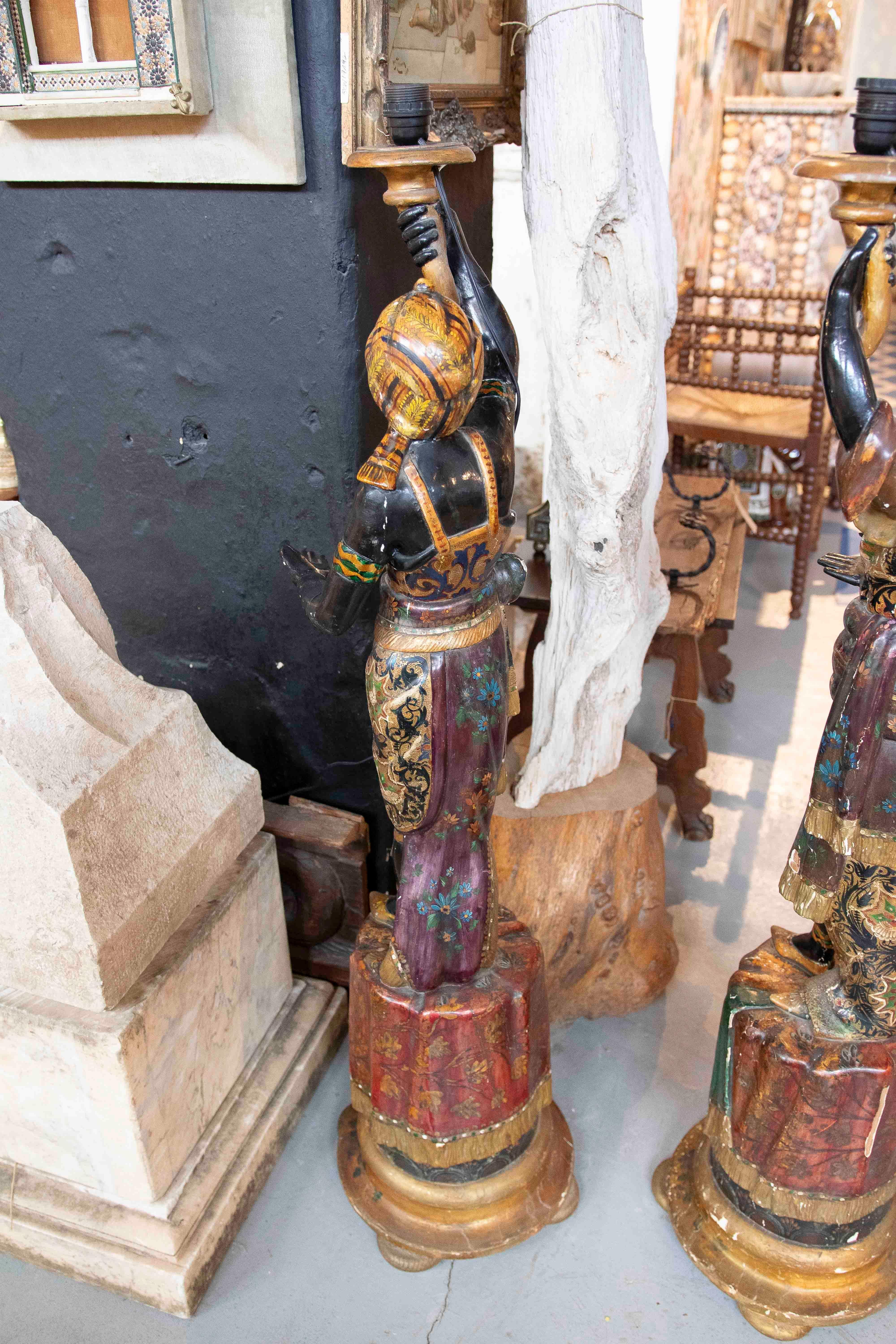 Wood 1850s Pair of Polychrome Sculptures Converted Into a Lamp For Sale