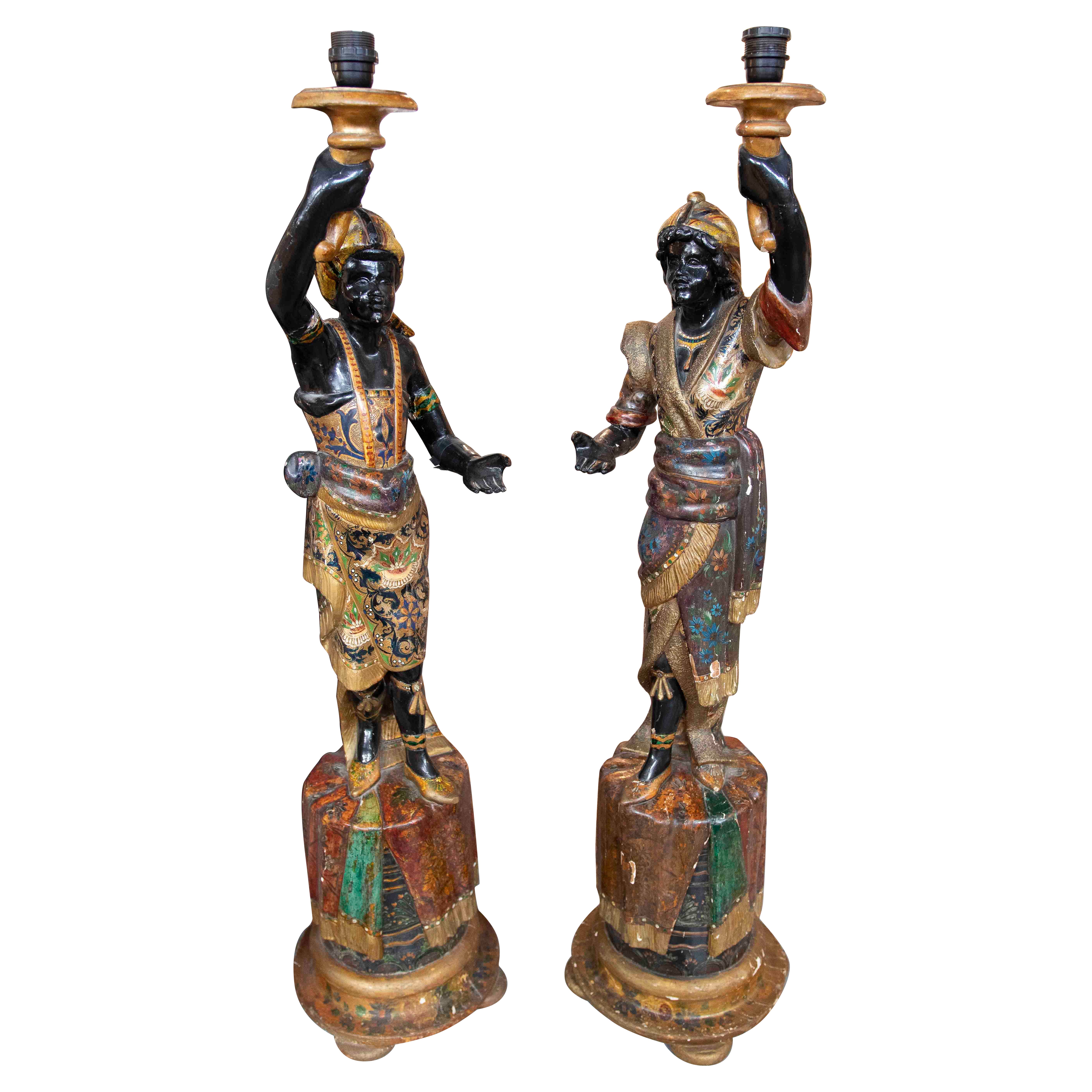 1850s Pair of Polychrome Sculptures Converted Into a Lamp For Sale