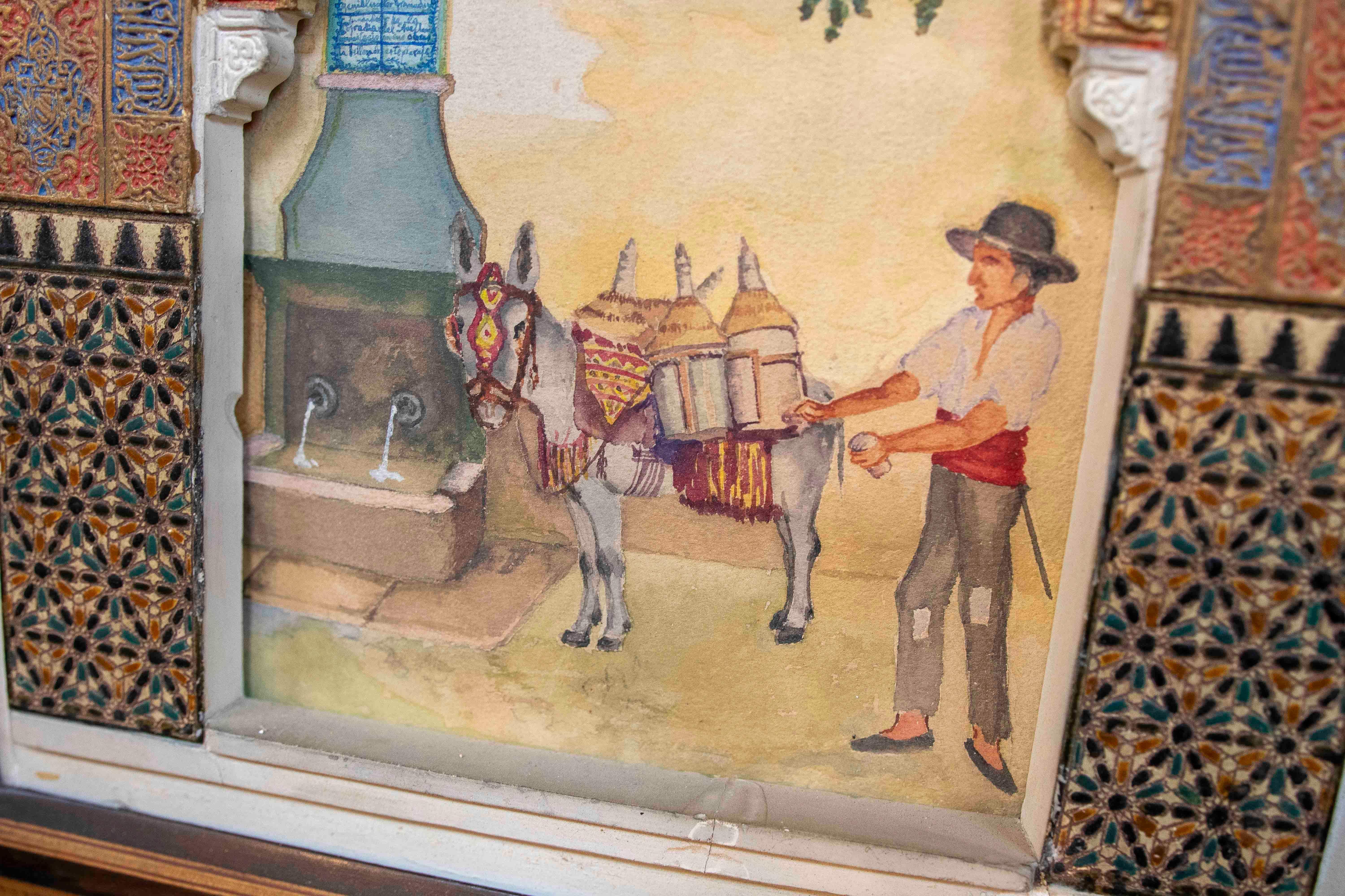 1850 Modelo de yeso policromado de una portada con escena de género y marco mudéjar en venta 4