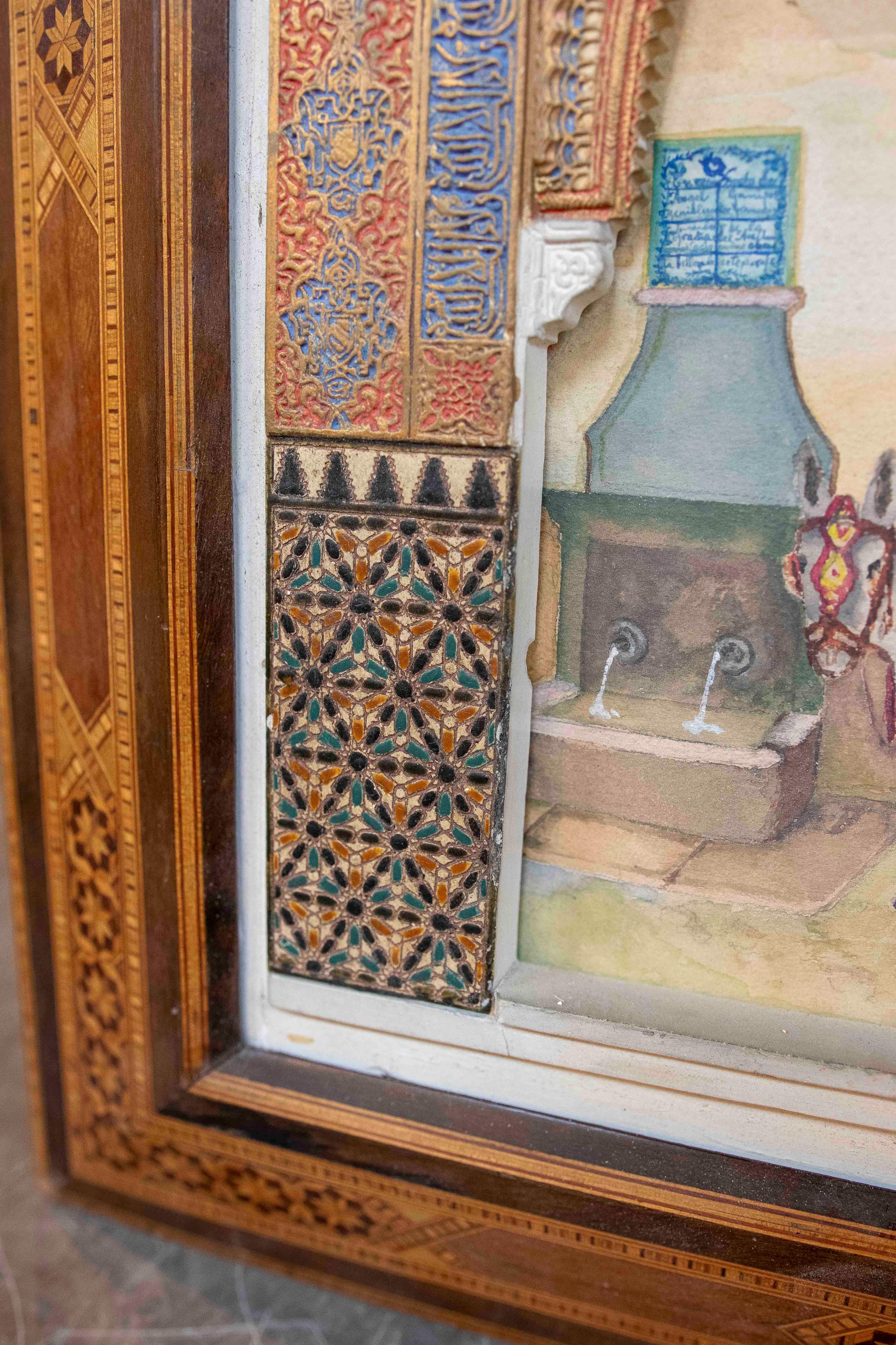 1850 Modelo de yeso policromado de una portada con escena de género y marco mudéjar en venta 6