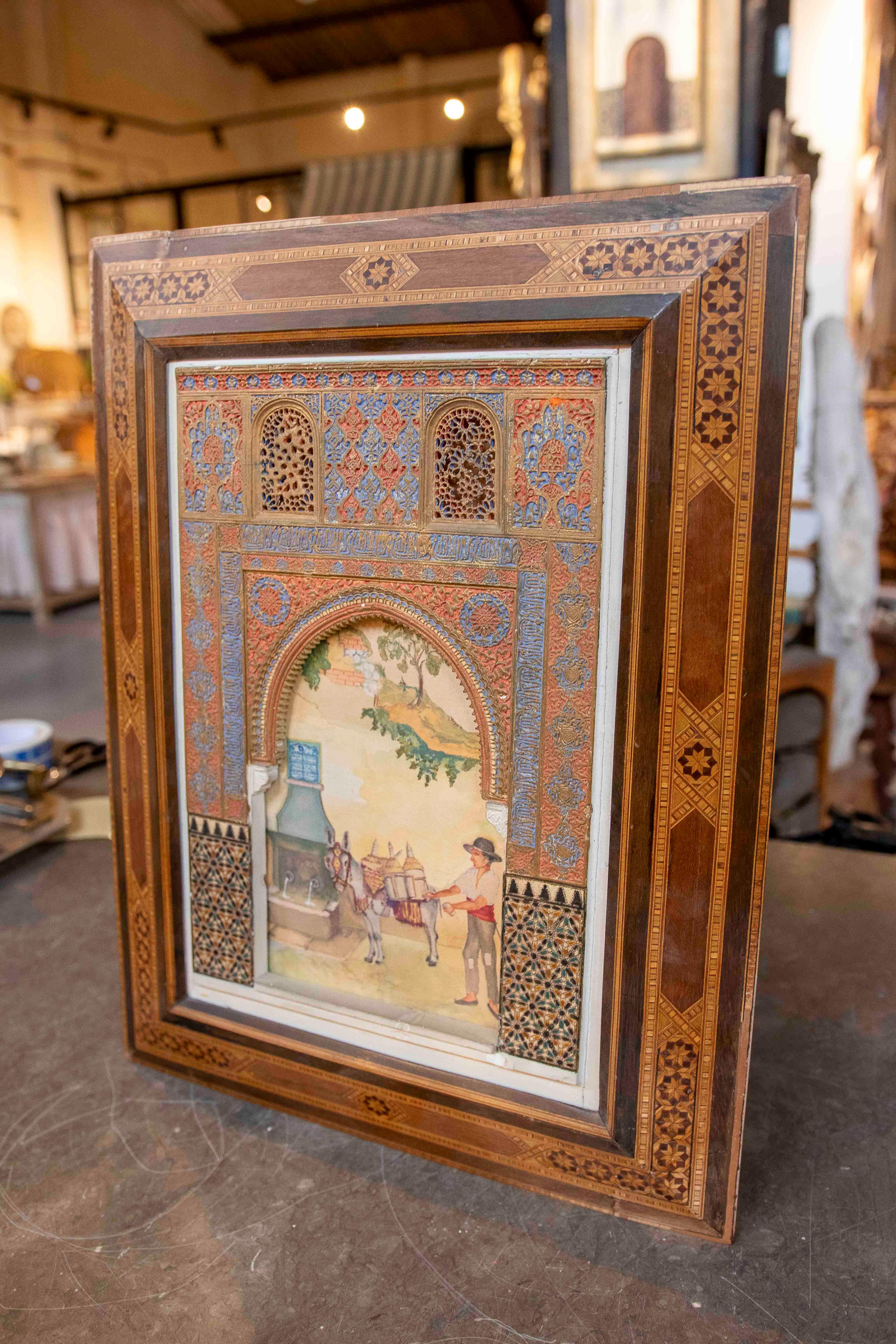 1850 Modelo de yeso policromado de una portada con escena de género y marco mudéjar Español en venta