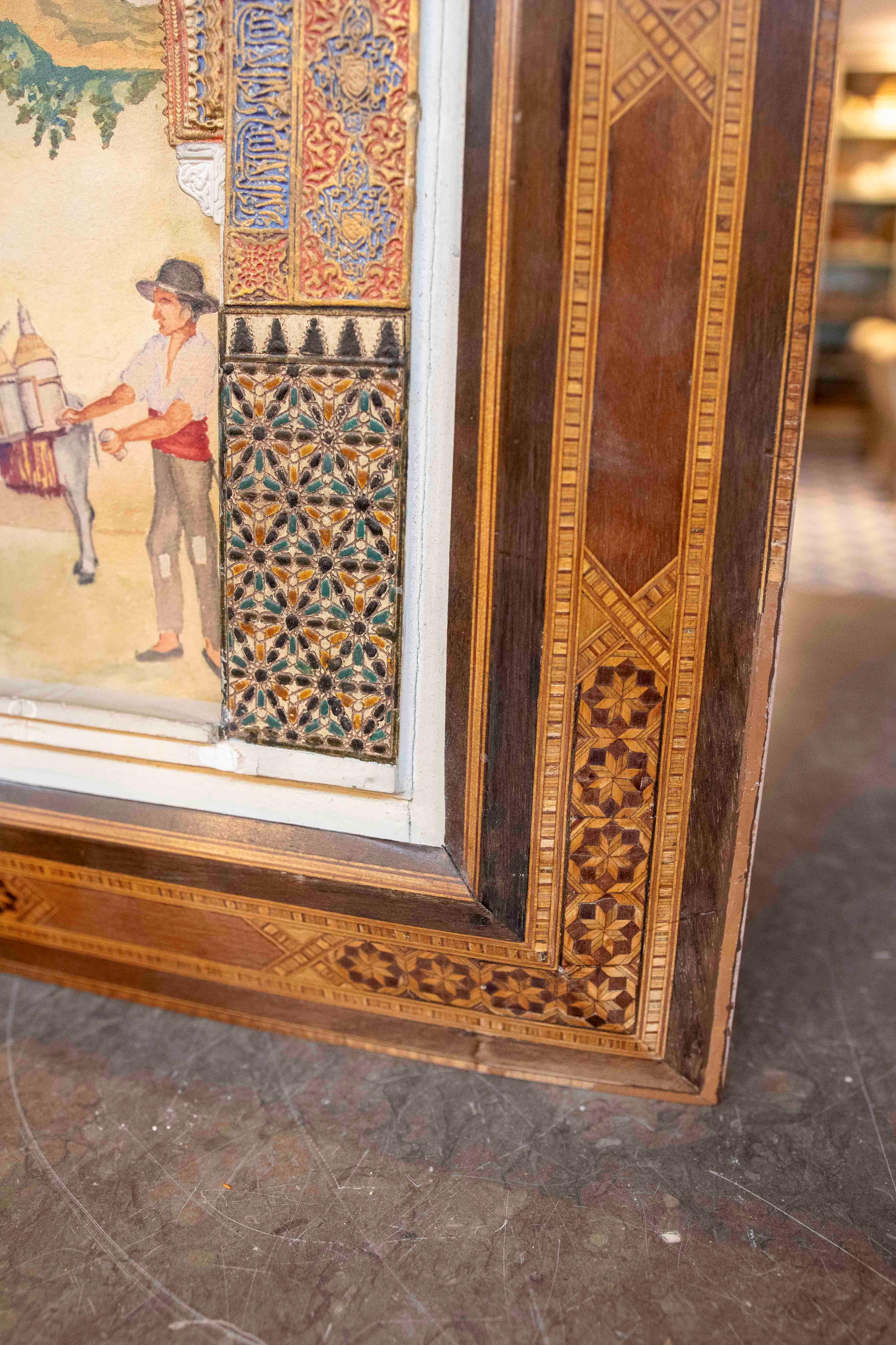 1850 Modelo de yeso policromado de una portada con escena de género y marco mudéjar en venta 2