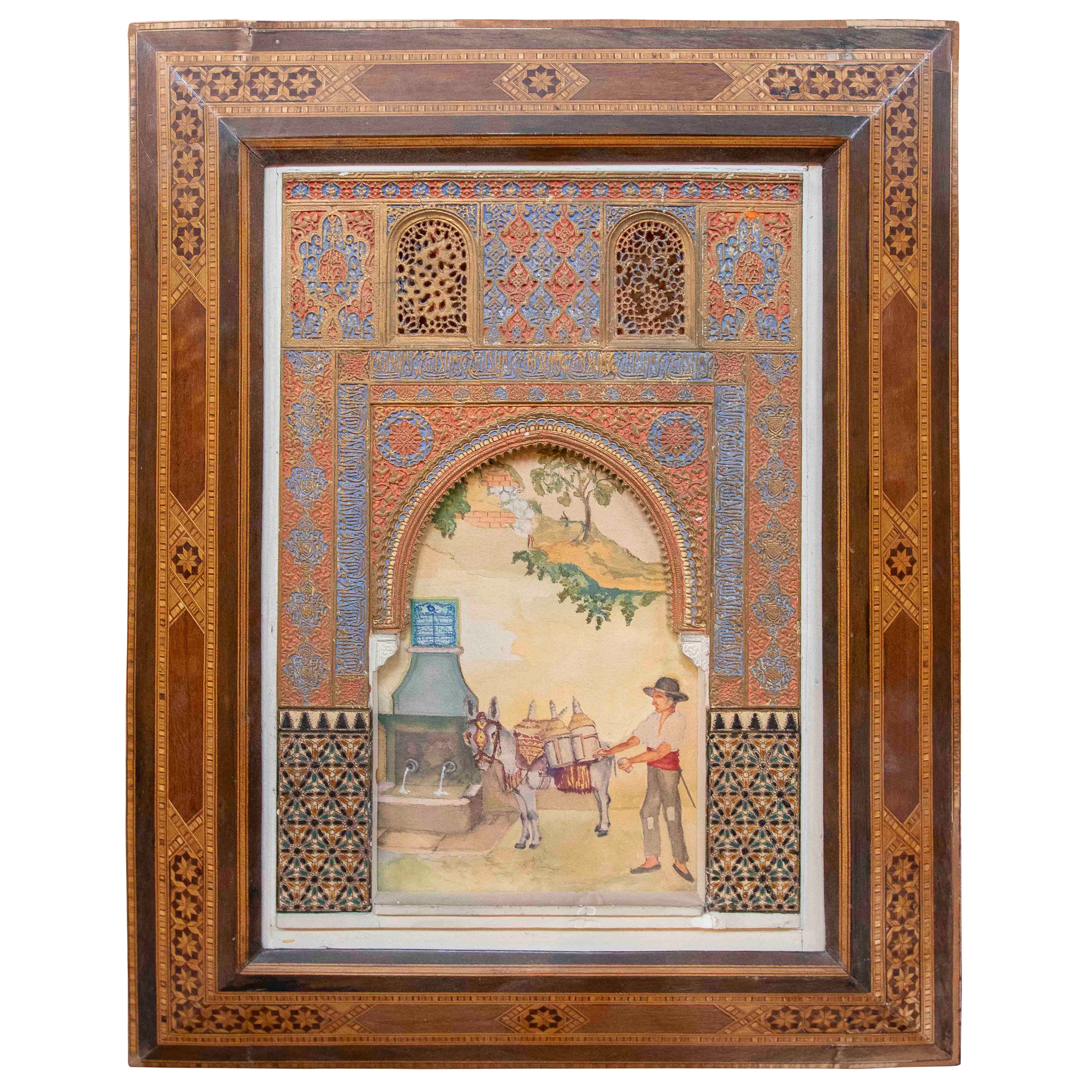 1850 Modelo de yeso policromado de una portada con escena de género y marco mudéjar en venta