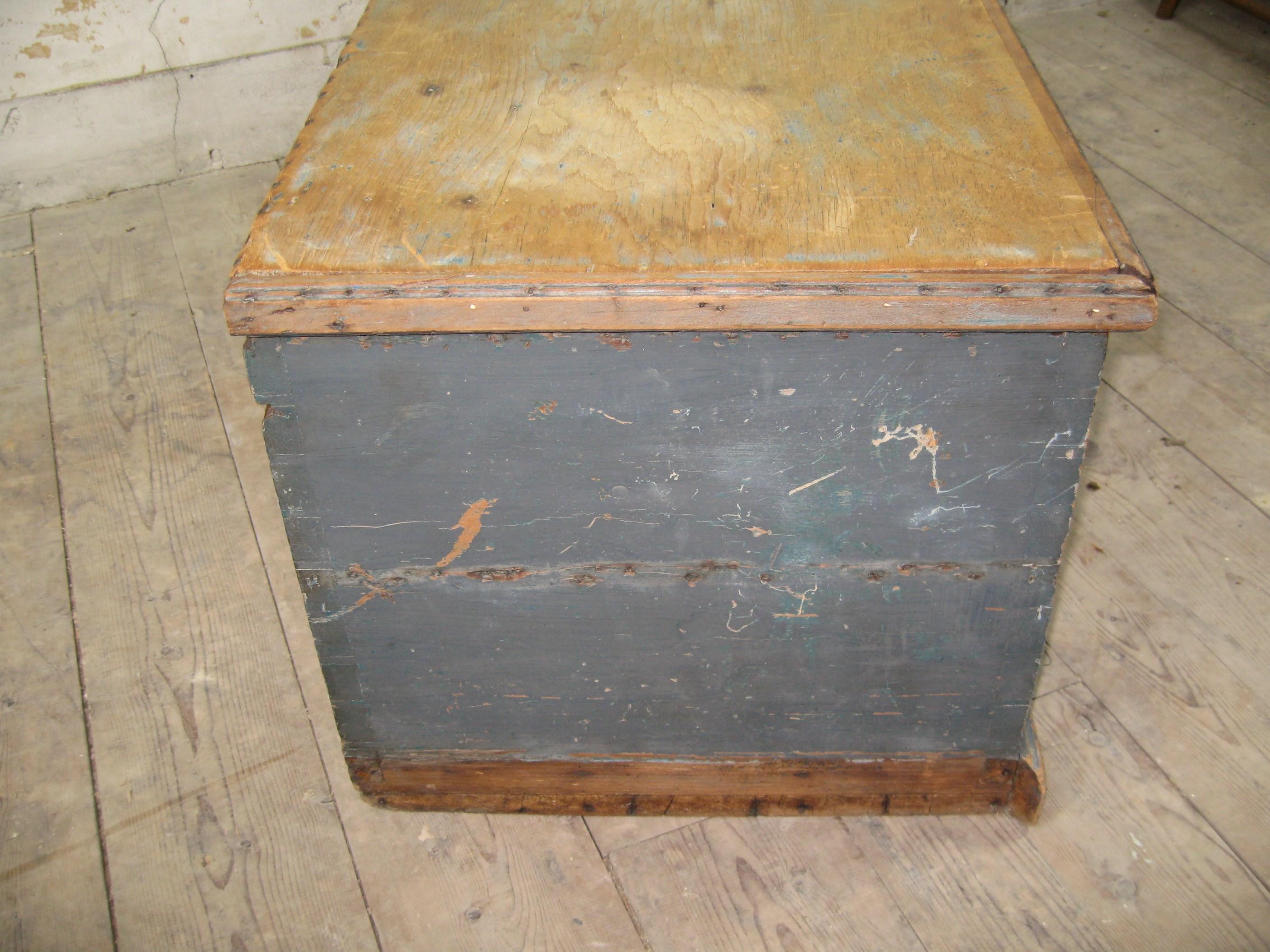 Hand-Crafted 1850's Primitive 6 board Pine Blue / Gray Blanket Chest  For Sale