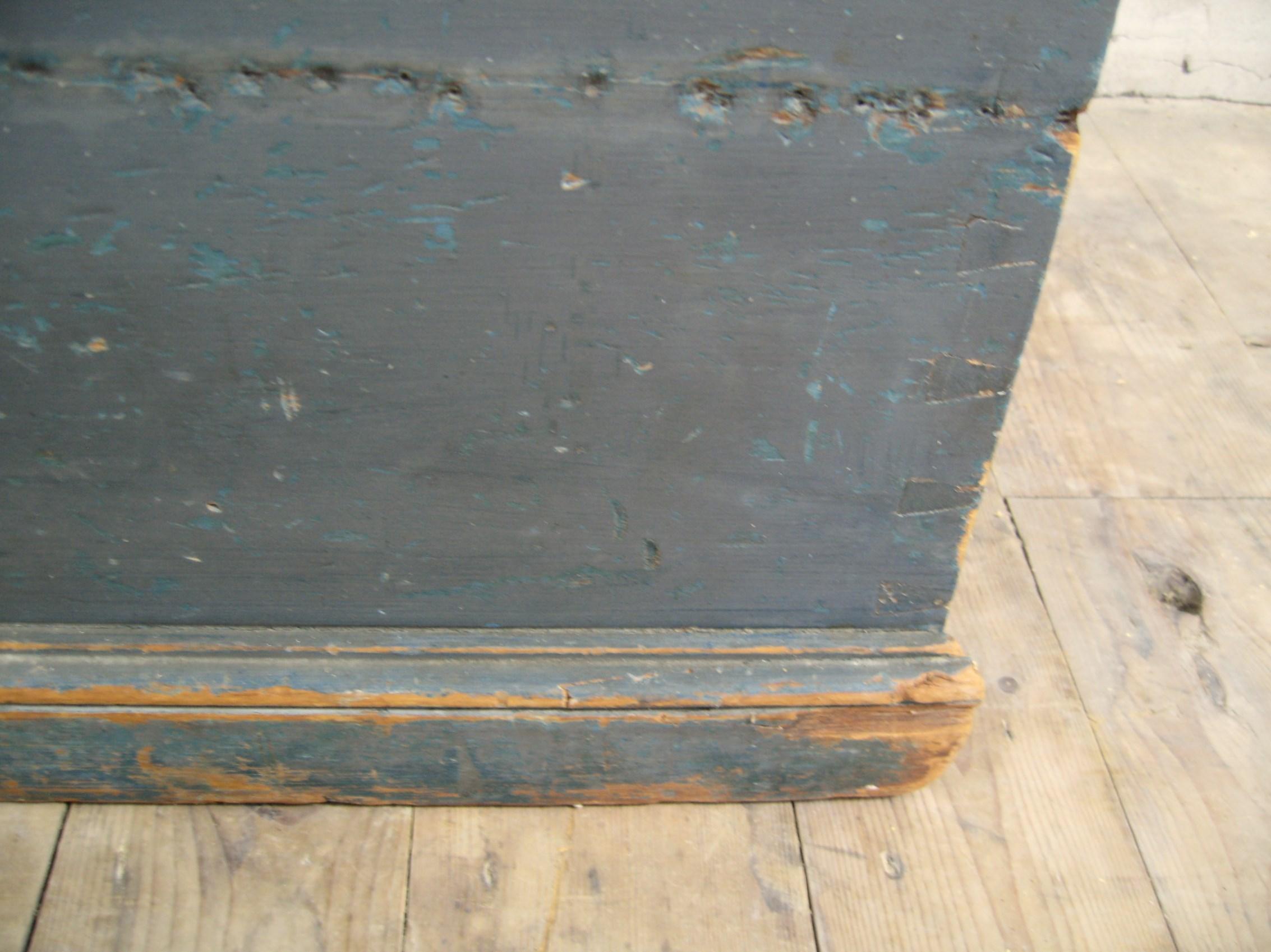 19th Century 1850's Primitive 6 board Pine Blue / Gray Blanket Chest 