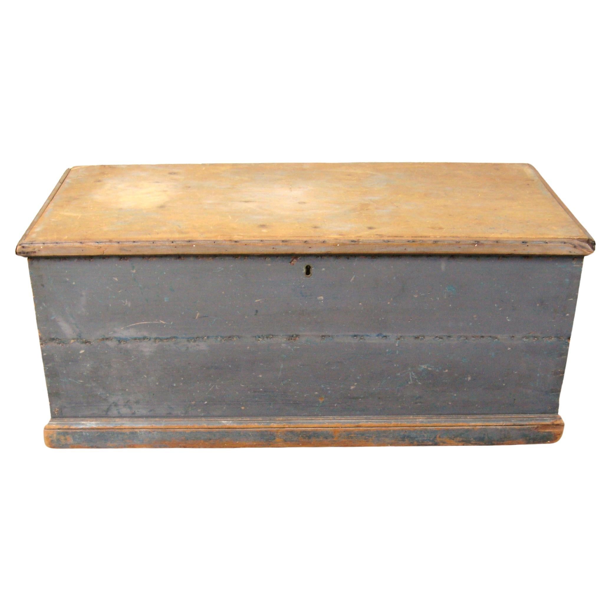 1850's Primitive 6 board Pine Blue / Gray Blanket Chest  For Sale