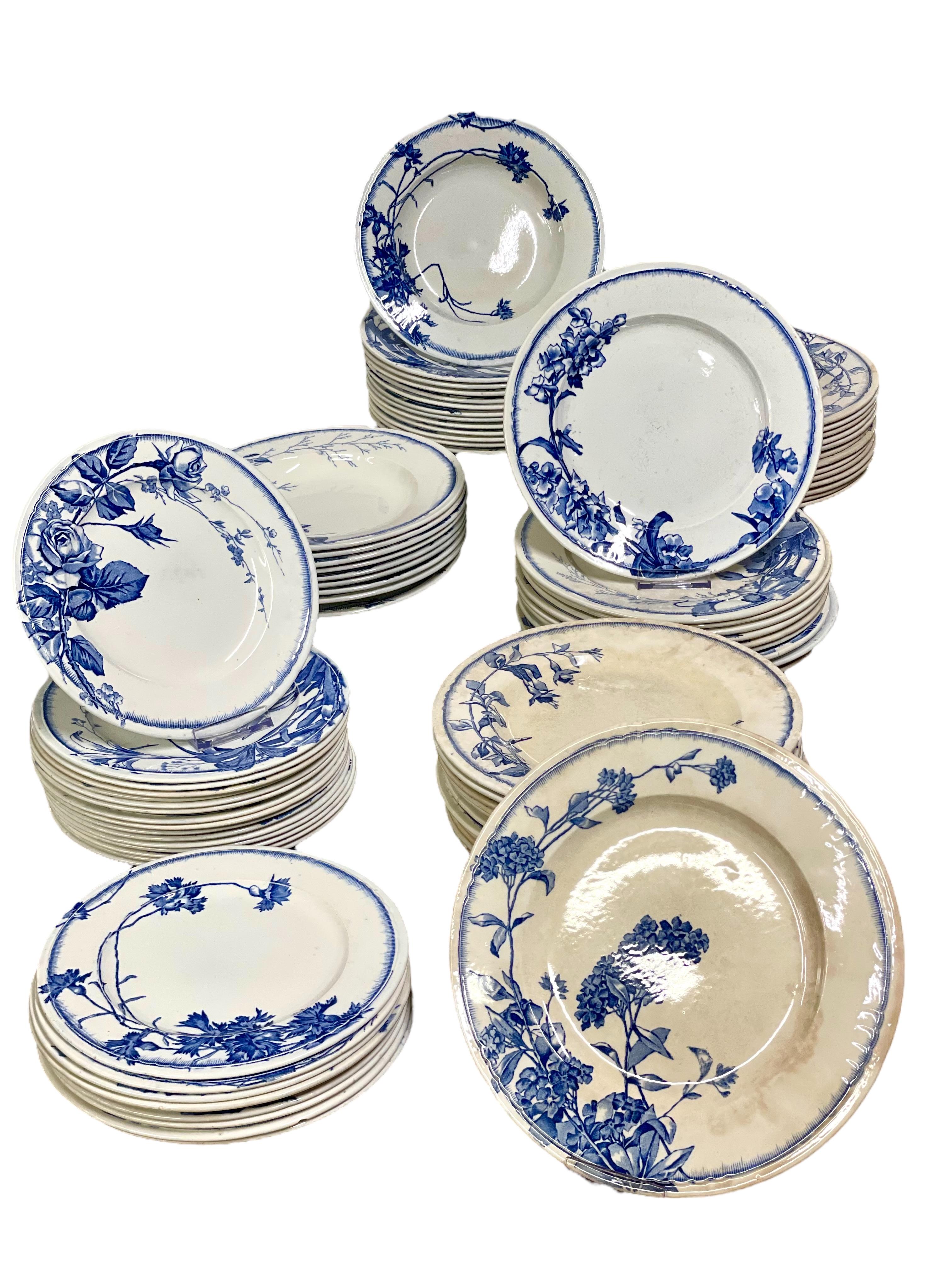 An exceptional rare dinner service of 92 pieces in fine French earthenware, made by the esteemed faience manufacturer Jules Vieillard of Bordeaux. The charming blue and white design is 'Chevreuse', which refers to an old-fashioned French peach
