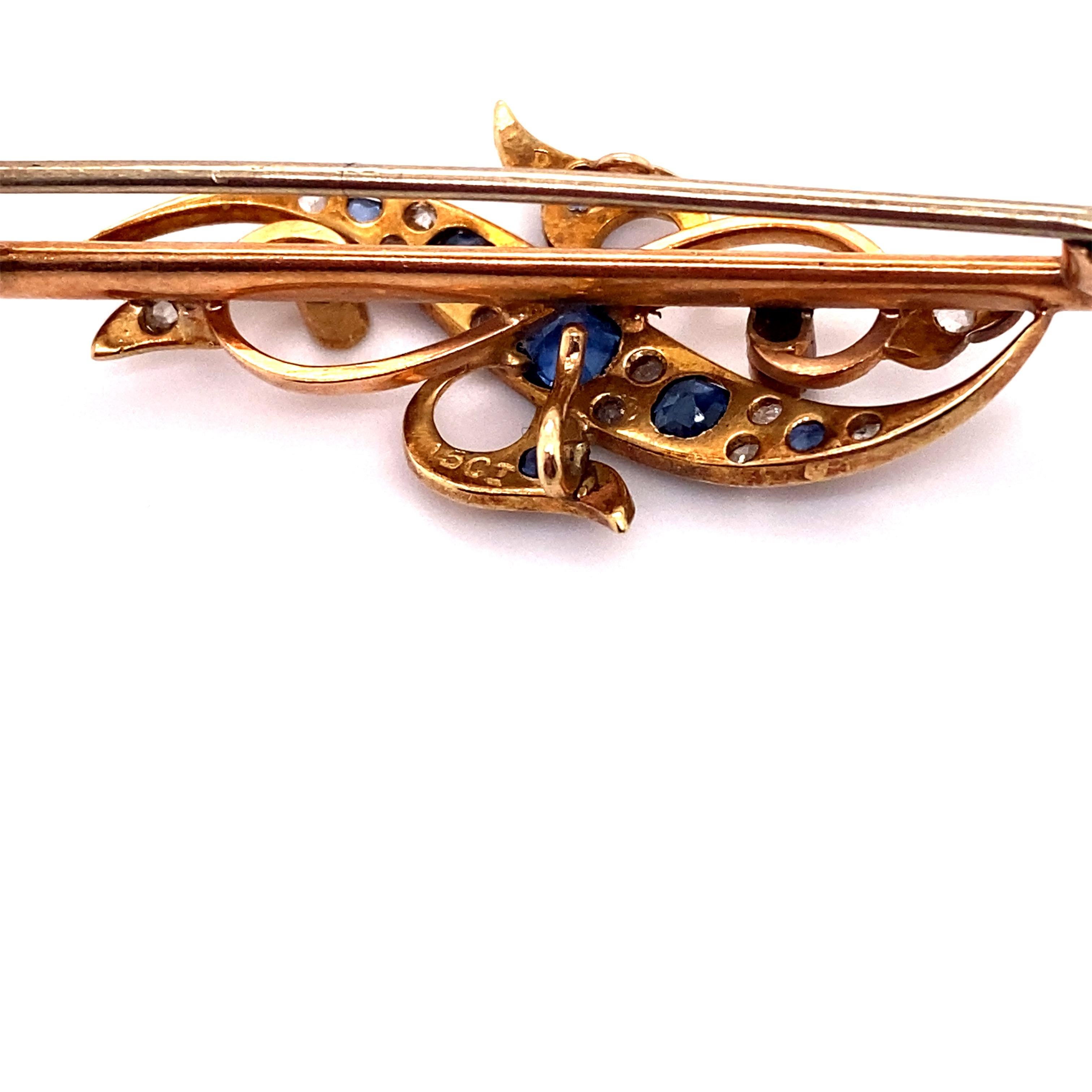 Victorian 1850s Sapphire and Diamond Brooch in 15 Karat Gold For Sale