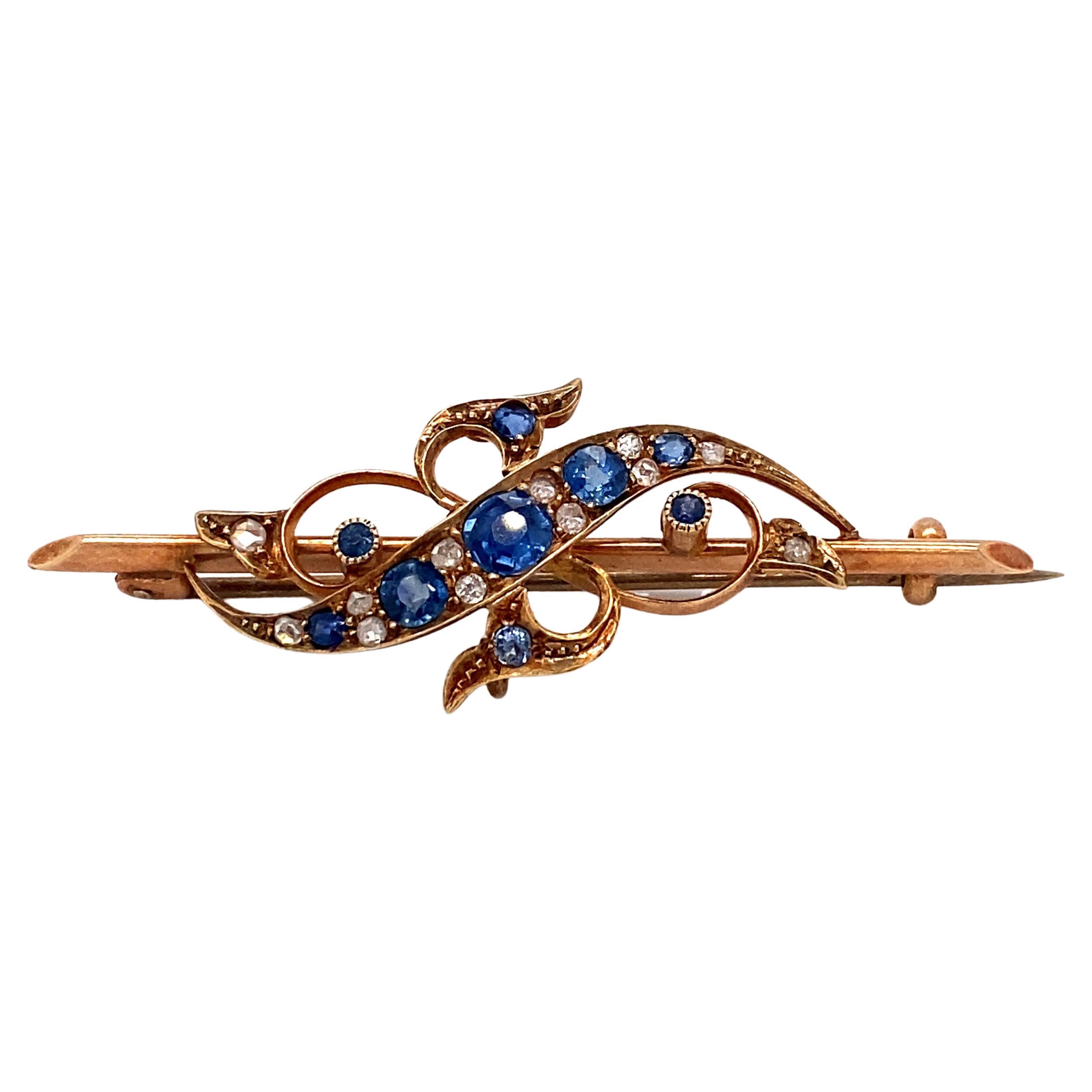 1850s Sapphire and Diamond Brooch in 15 Karat Gold For Sale