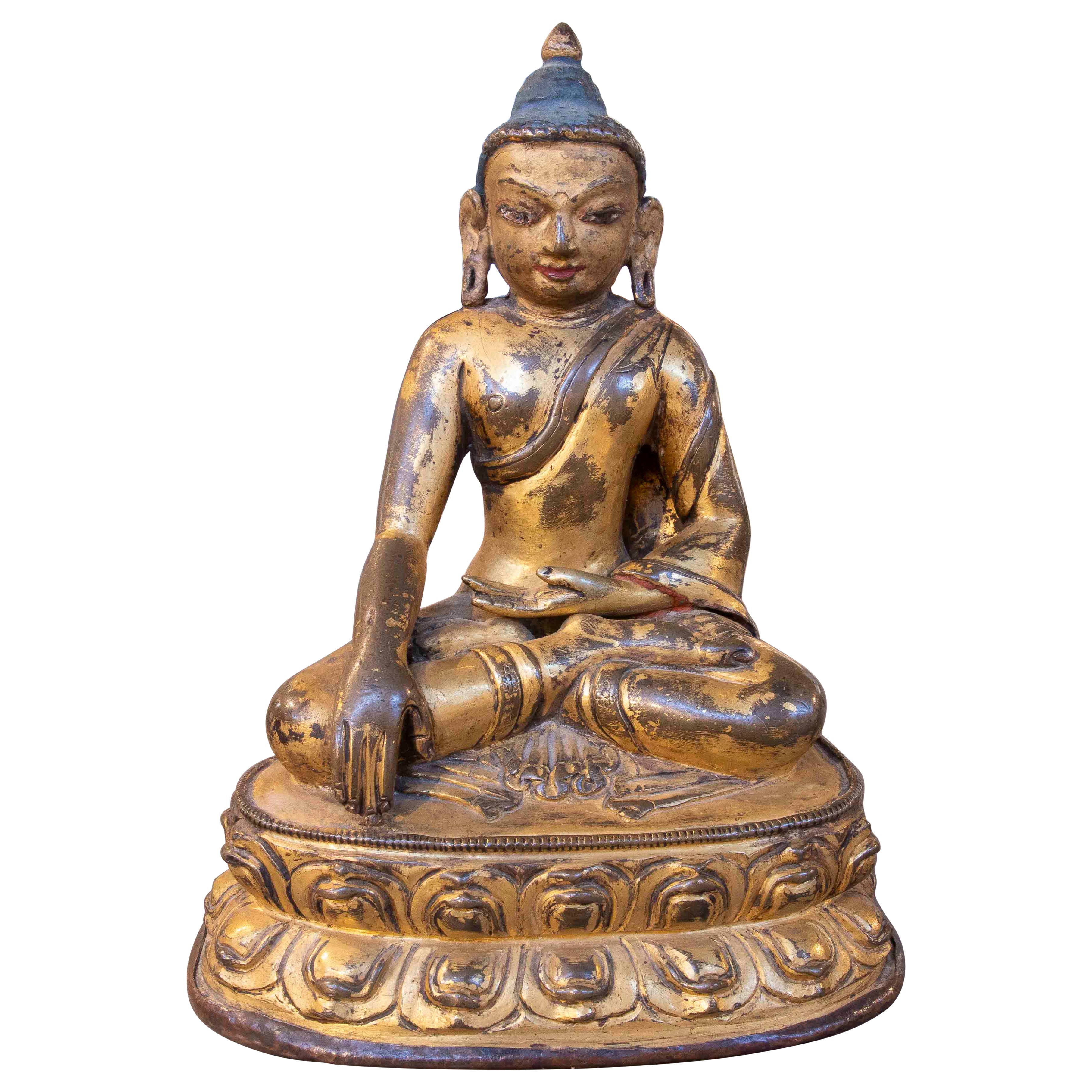 Sculpture de Bouddha en bronze doré avec traces d'or, datant des années 1850