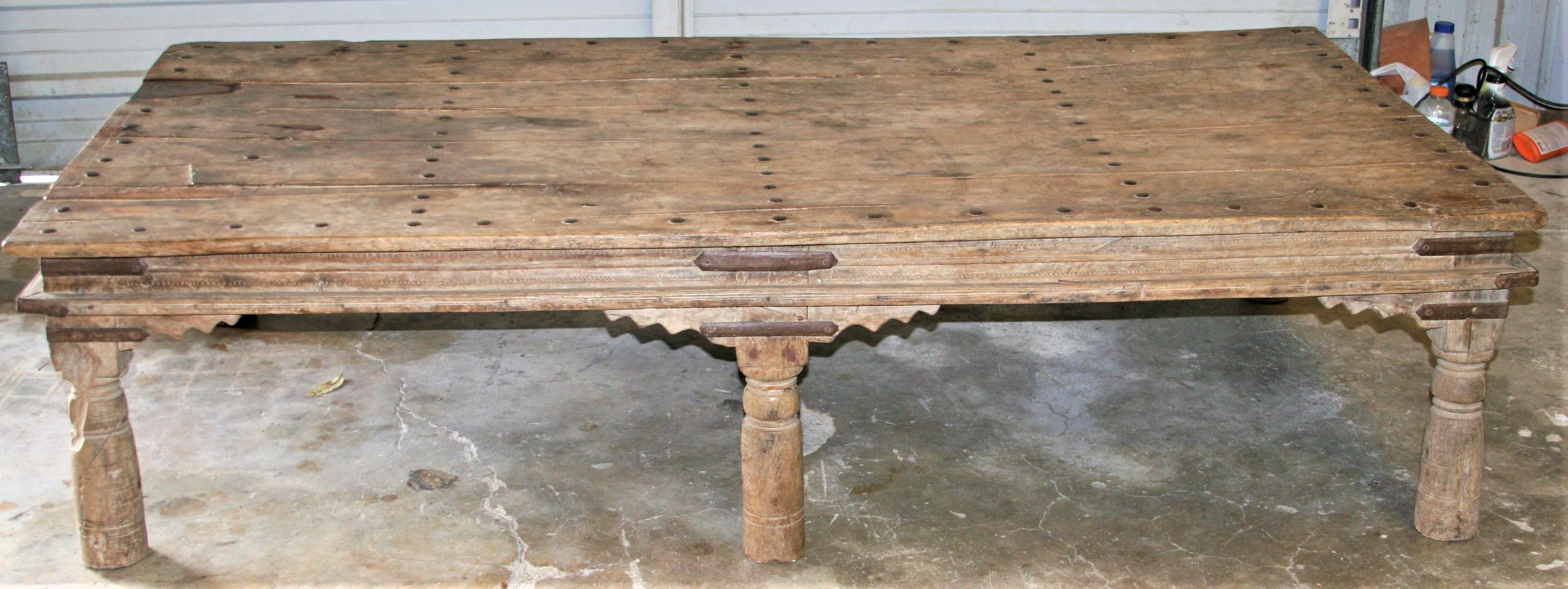 Indian 1850s Solid Teak Wood Coffee Table with Metal Studded Top from Plantation Home