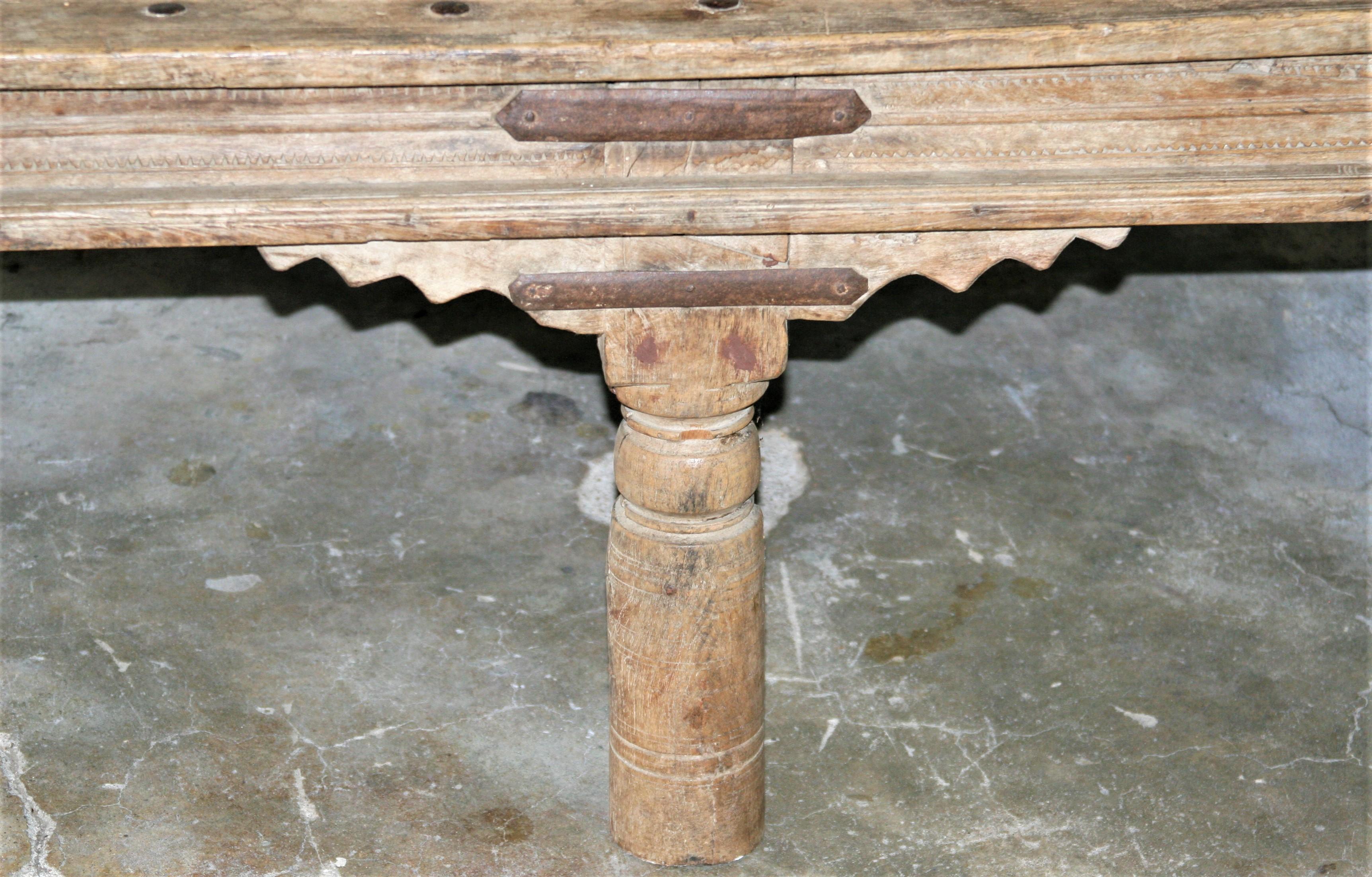 Hand-Crafted 1850s Solid Teak Wood Coffee Table with Metal Studded Top from Plantation Home