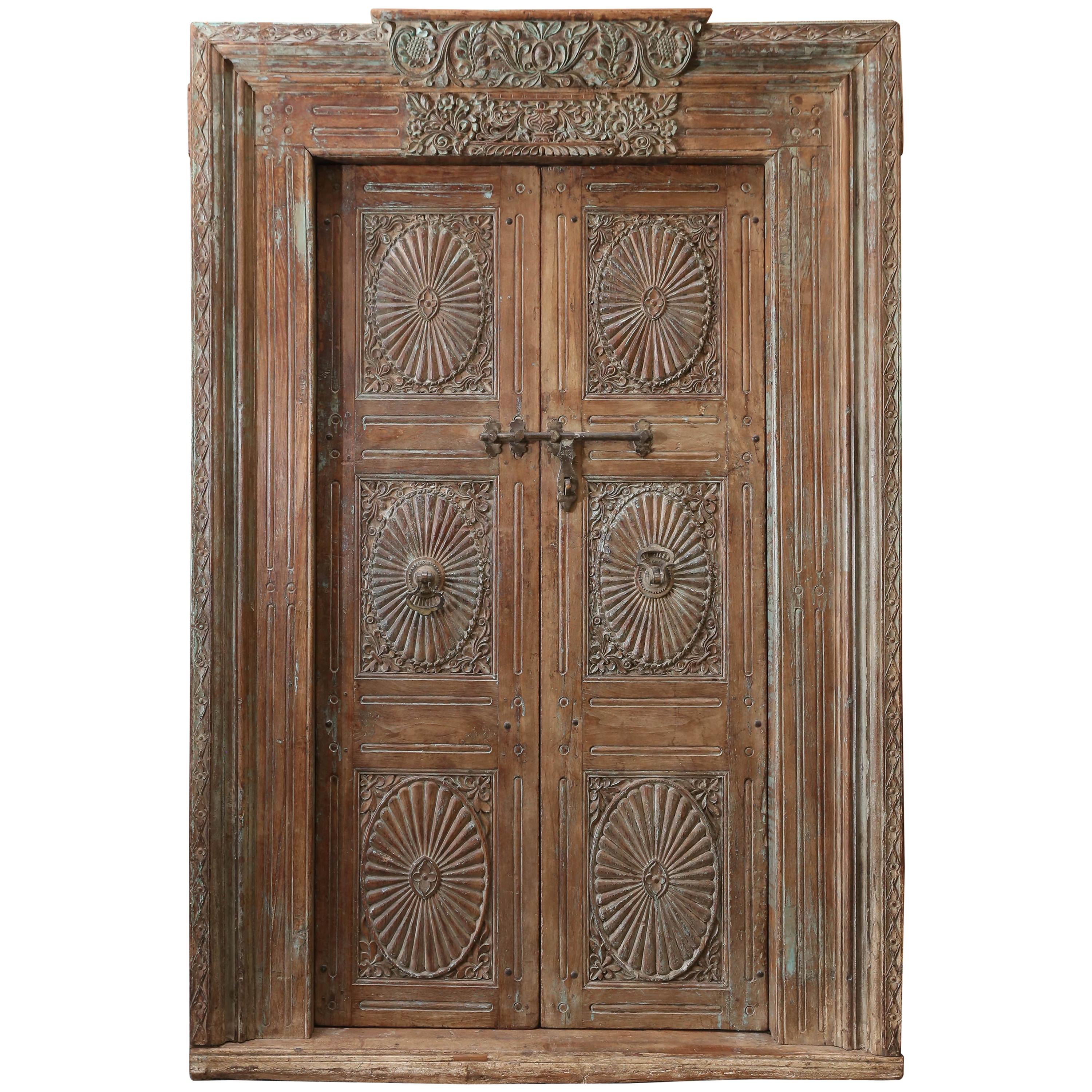 1850s Solid Teak Wood Highly Carved Entry Door from a Settler's Home in Goa For Sale