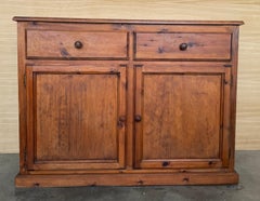 1850s Spanish Baroque Solid Pine Mobila Tuscan Two Drawers Credenza or Buffet