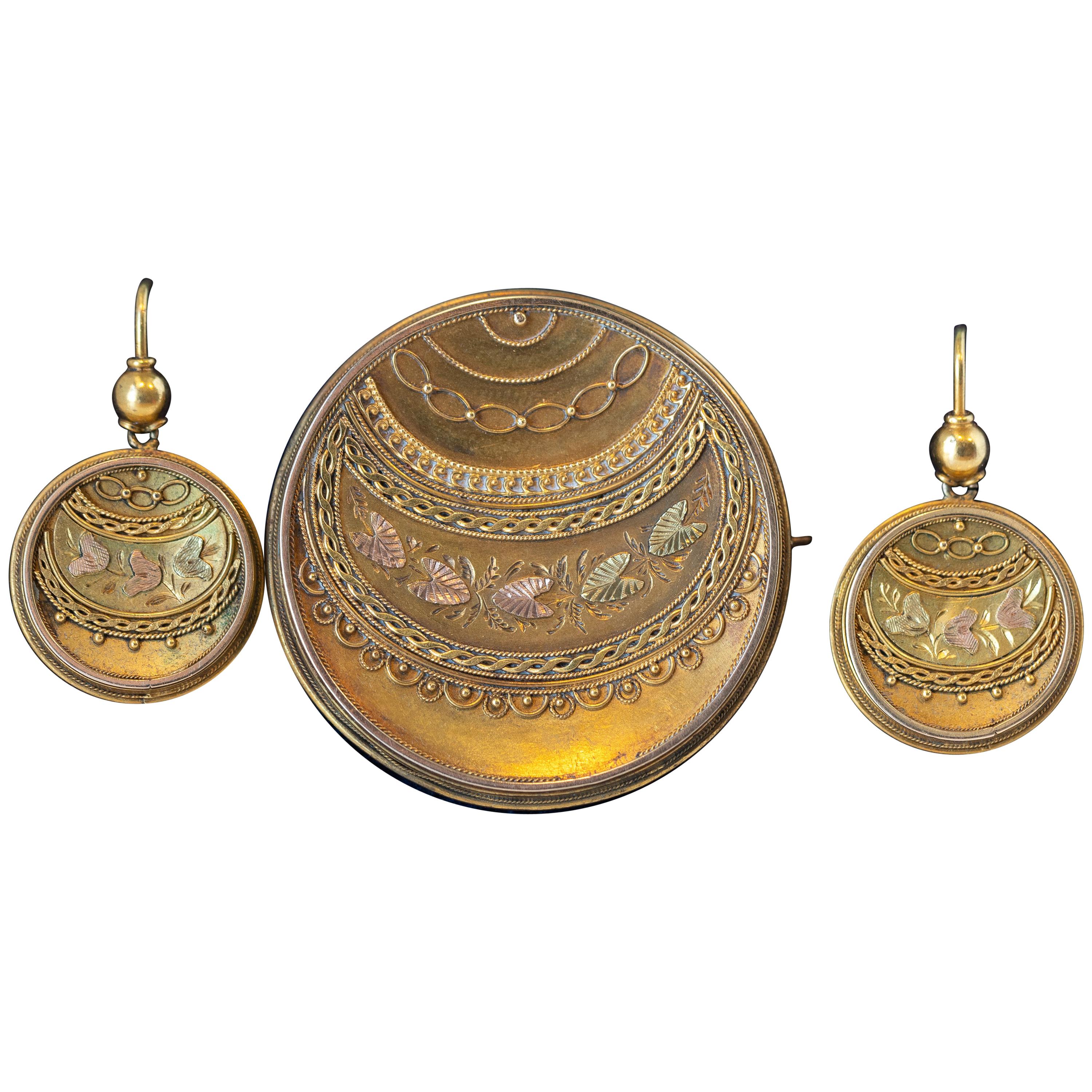 Conjunto victoriano de 3 piezas de oro de 1850 de pendientes y broche convertible
